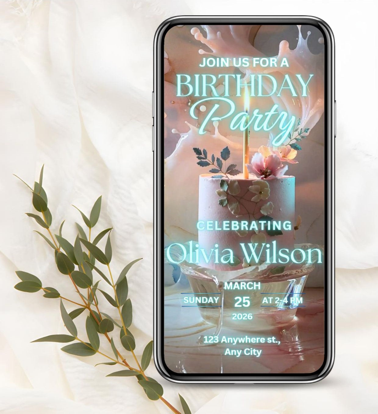 Mobile phone displaying editable birthday video invitation template ice light cake design with pastel lighting and elegant typography.