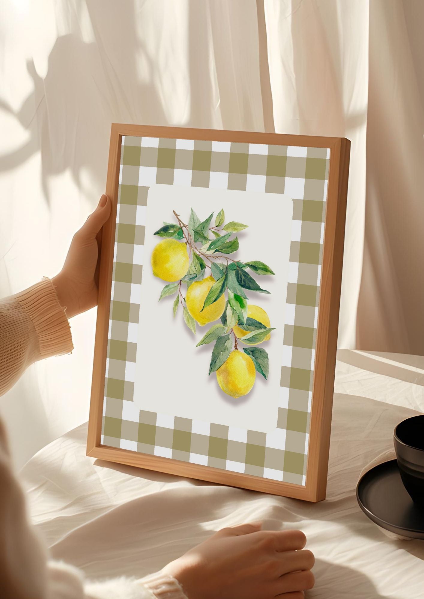 Lemon Kitchen Wall Art – Country Style Gingham Fruit Print – Fresh Summer Citrus Poster