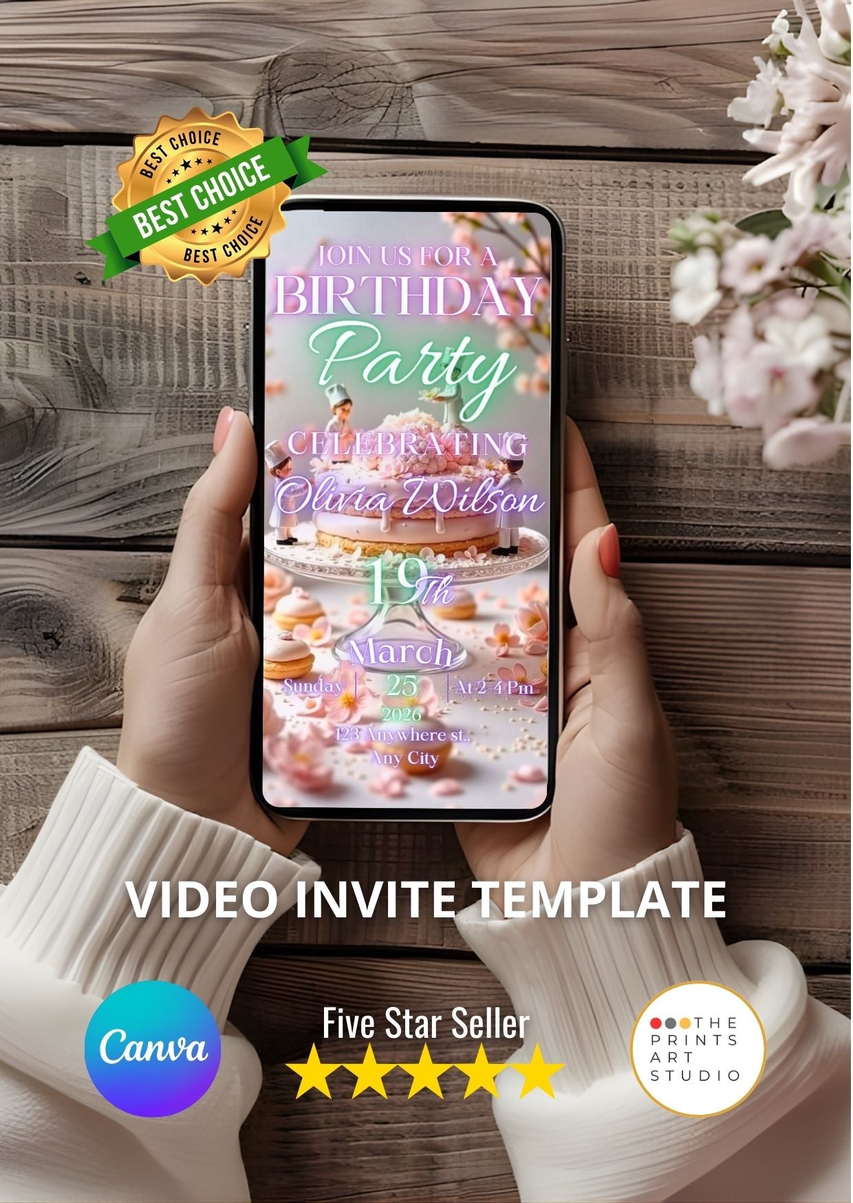 Birthday Video Invitation Canva template on smartphone with pink cake design and floral accents