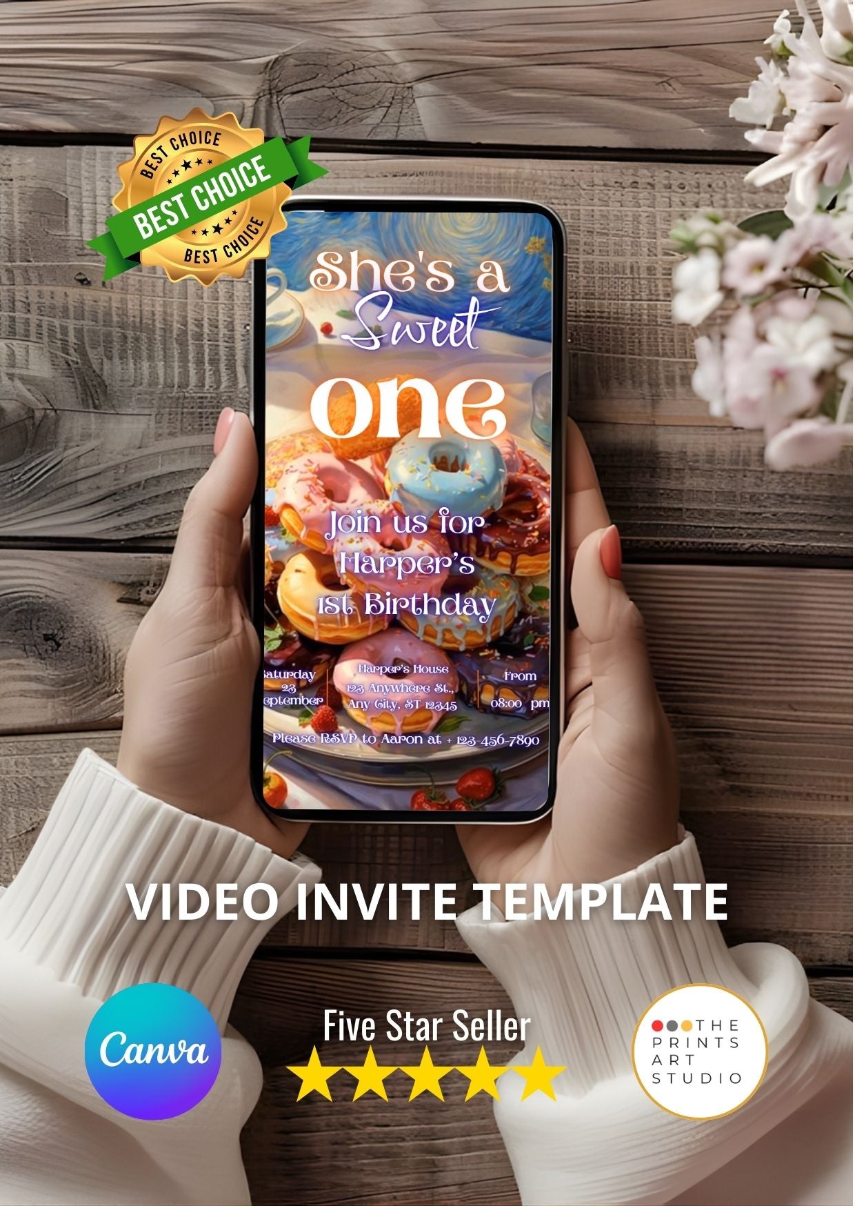 donut birthday video invitation displayed on a smartphone with floral background and best choice badge