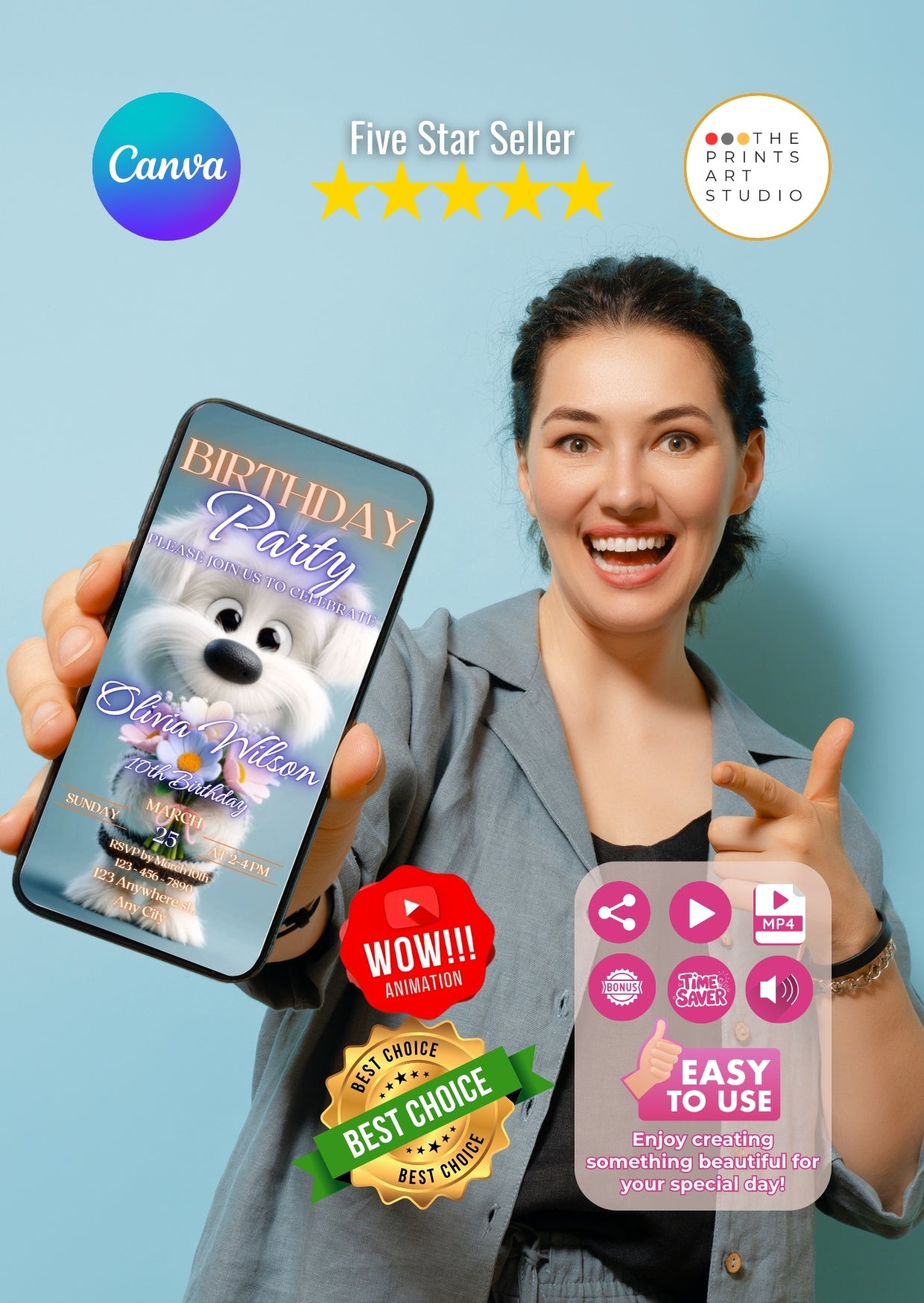 Woman holding phone showcasing Puppy Birthday Video Invitation with five-star reviews and best choice badge.