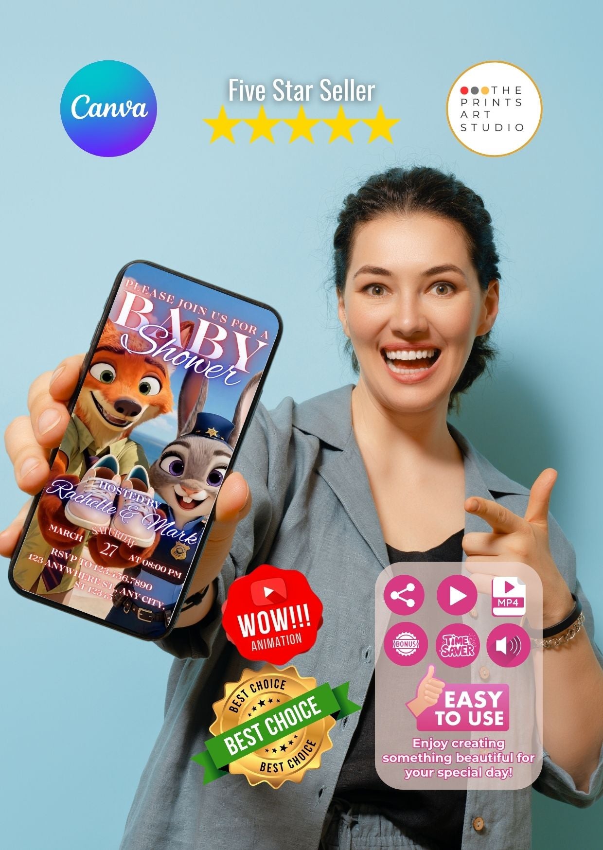 Woman holding phone with Zootopia baby shower video invitation design, showcasing fun and animated digital invitation concept.