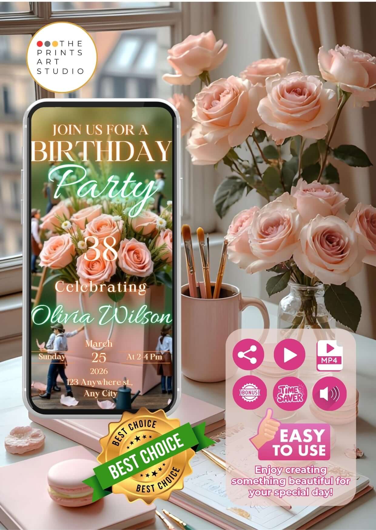 Birthday Video Invitation display on smartphone with floral background and invitation details