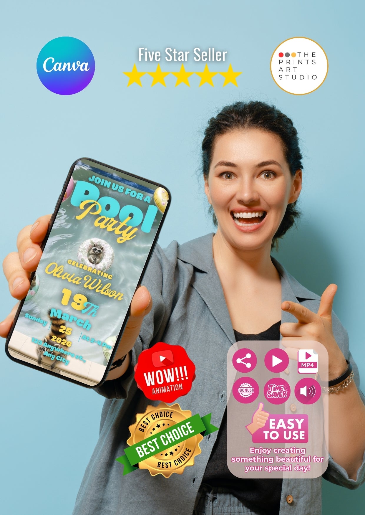 Woman holding phone with Pool Party Video Invitation template on Canva, highlighting vibrant and playful designs. Five-star reviews.