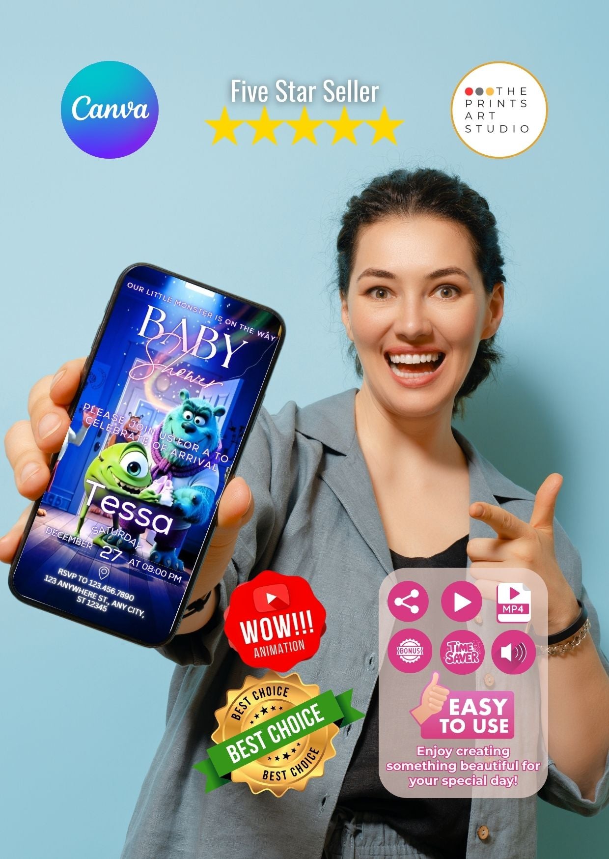 Woman holding a smartphone displaying Monster Baby Shower Video Invitation with friendly monster theme and vibrant colors.