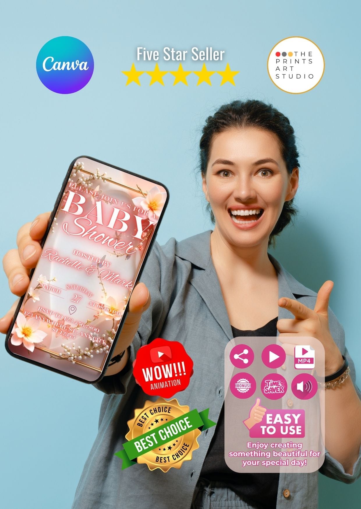 Woman showcasing floral baby shower video invitation on smartphone screen with pink floral design and five-star rating badges.