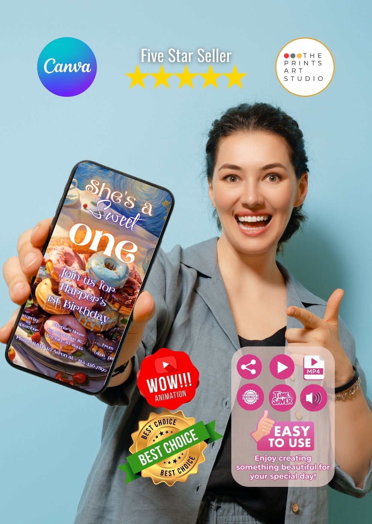 Woman holding phone displaying donut birthday video invitation, featuring colorful donut design and easy-to-use interface. Five-star seller.