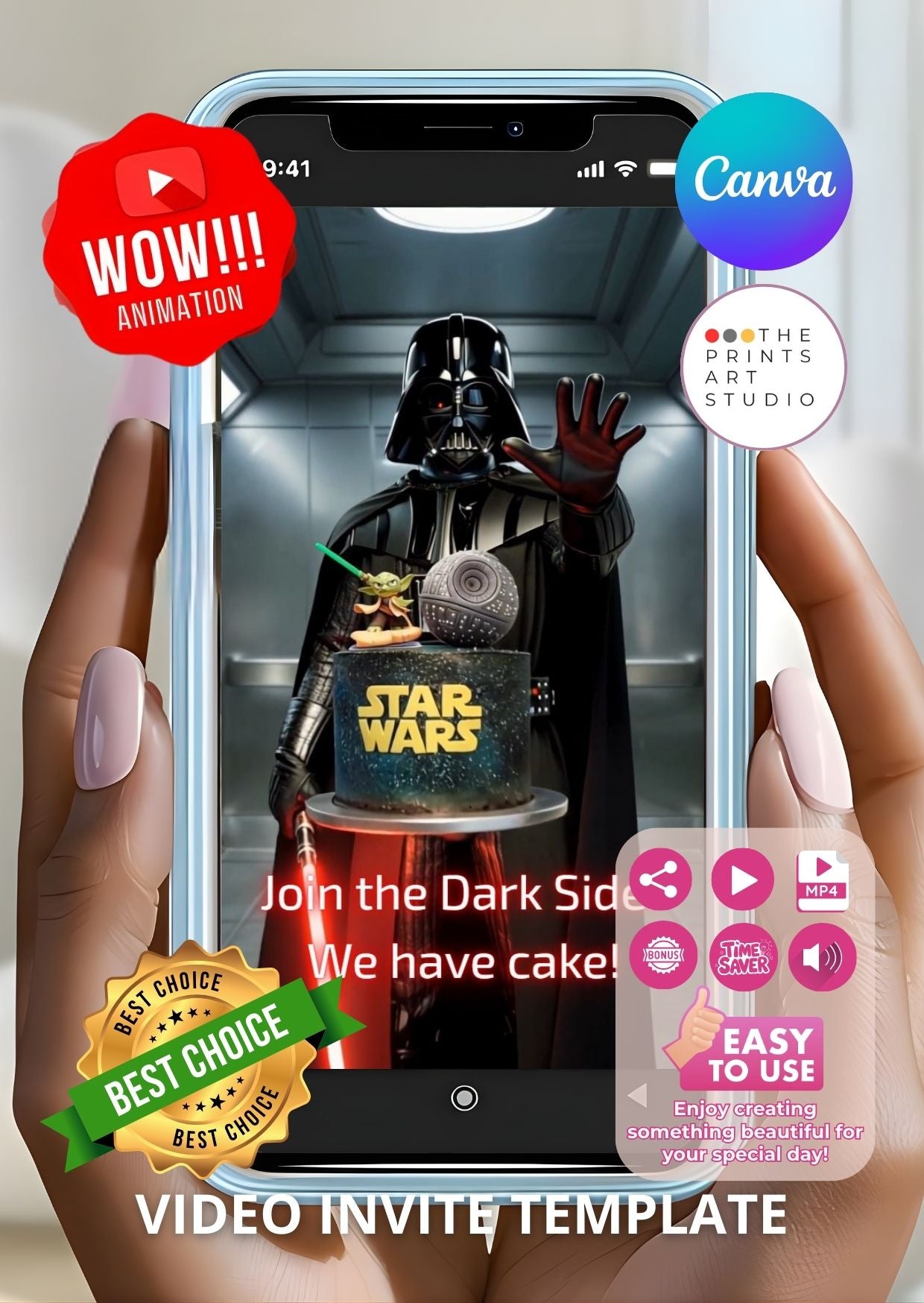 Star Wars Darth Vader Video Invitation template on a smartphone screen with animations, perfect for unique party invites.