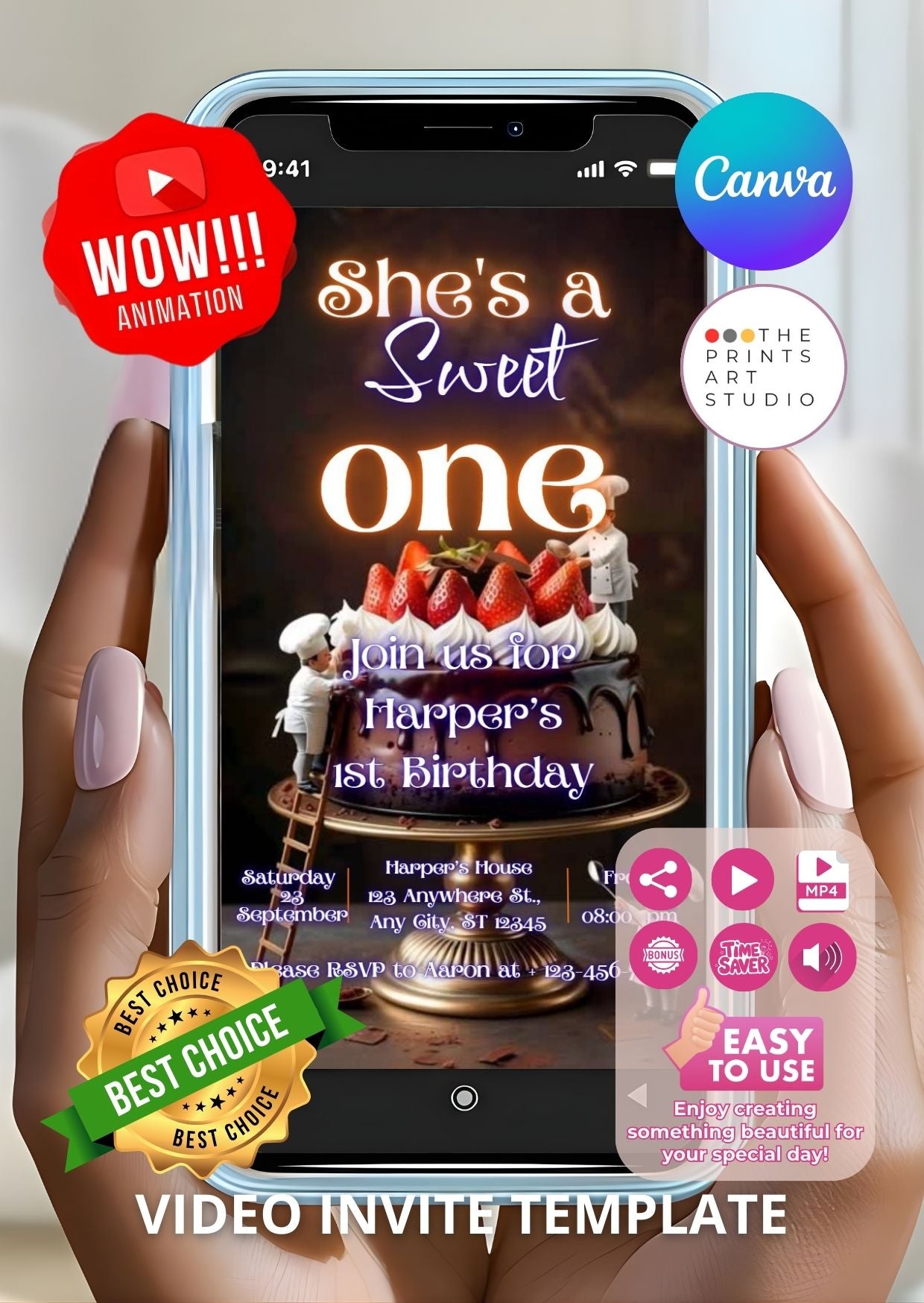 Sweet One Video Invitation Chocolate Birthday Invite on phone display