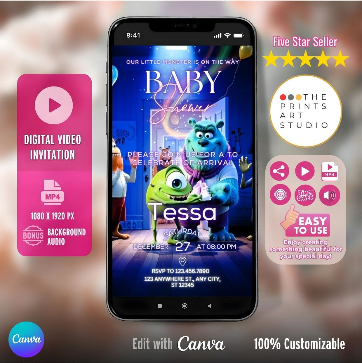 Monster Baby Shower Video Invitation displayed on a smartphone screen with cute monster design, customizable and easy to use.