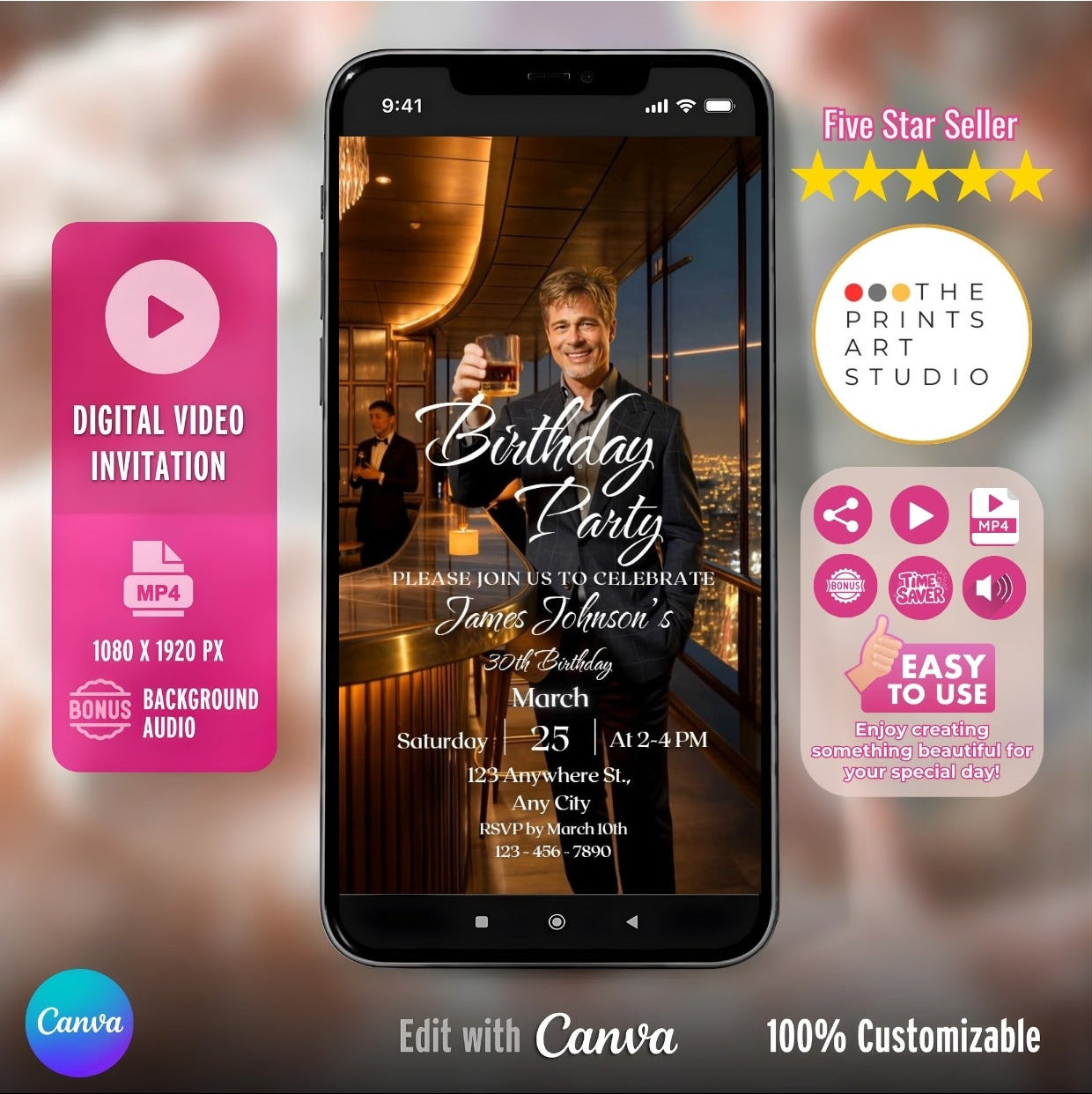 Whiskey Birthday Video Invitation displayed on a smartphone screen with elegant party details and golden lighting.