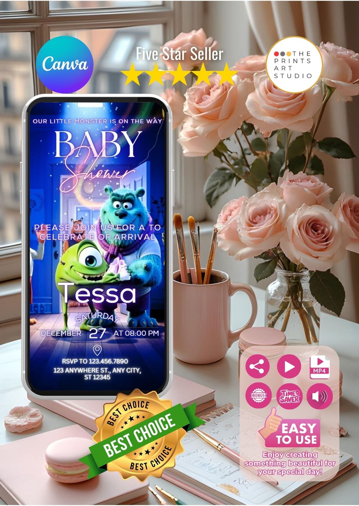 Monster Baby Shower Video Invitation with cute monsters, pink roses, and event details on a smartphone display.
