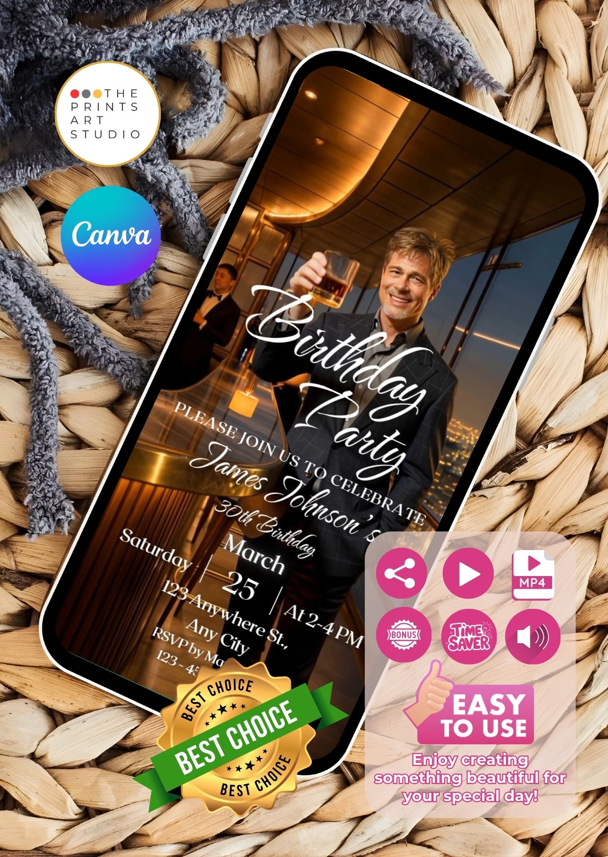 Whiskey Birthday Video Invitation displayed on a smartphone with a sophisticated bar setting and elegant design.