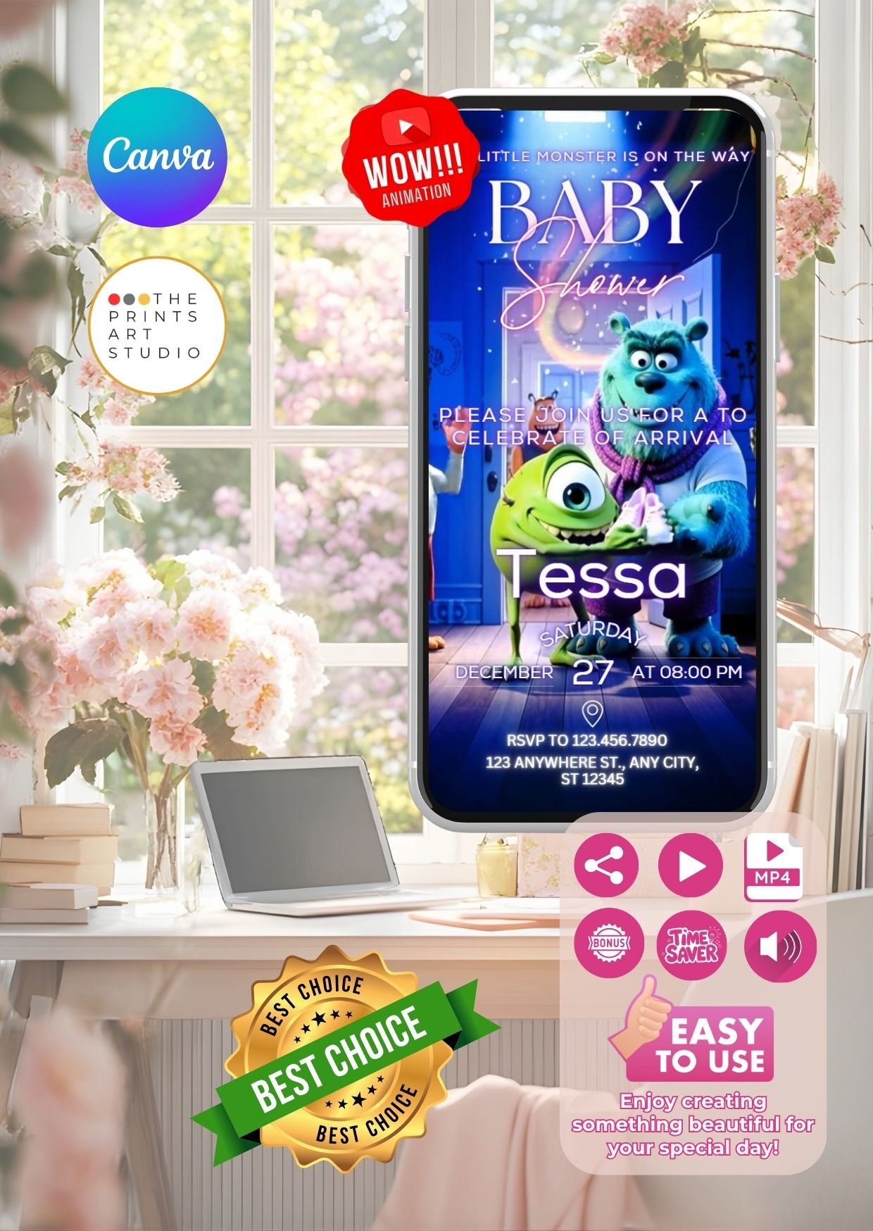 Monster Baby Shower Video Invitation displayed on a smartphone screen with colorful monster characters for a joyful celebration.