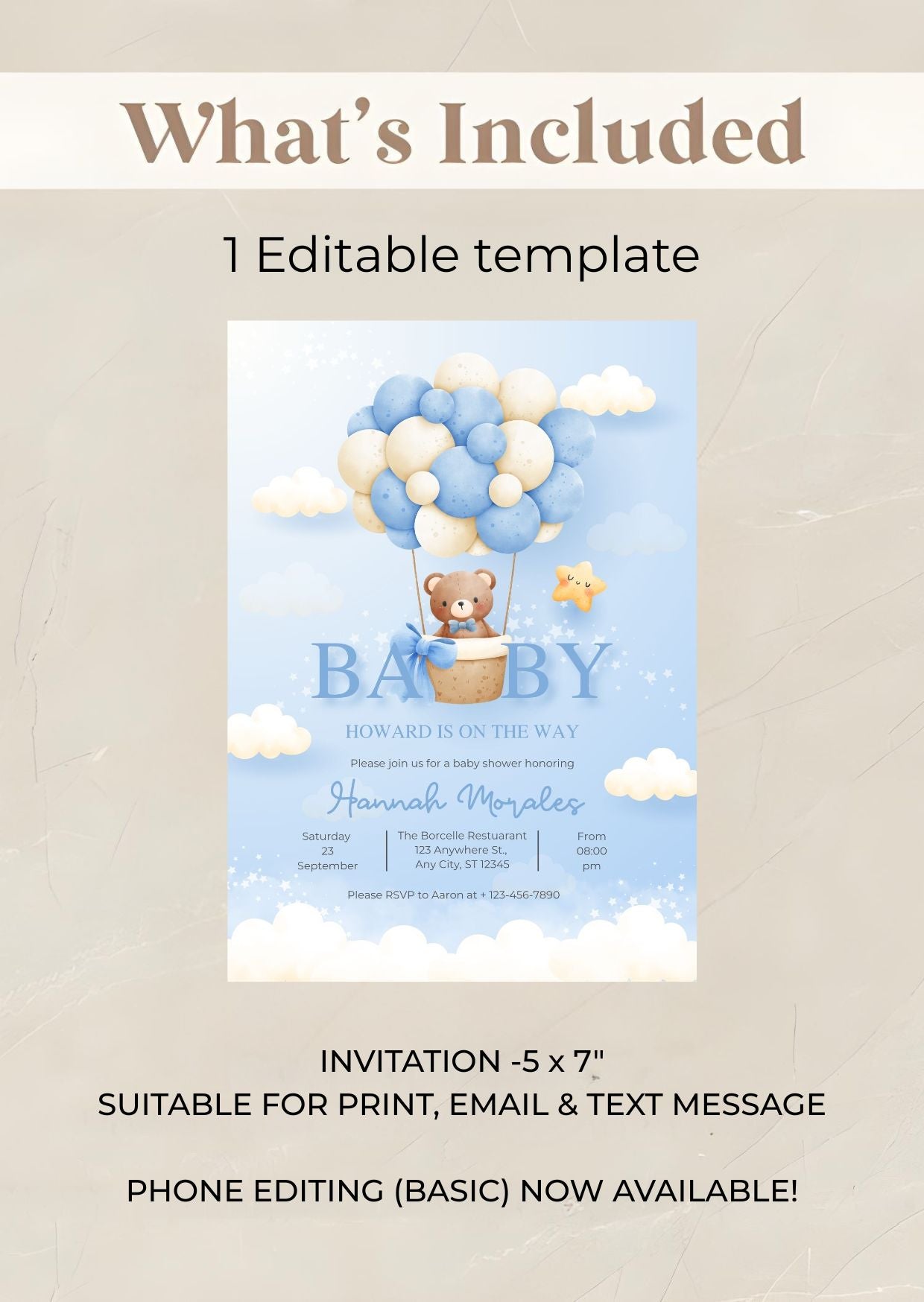 Blue Teddy Bear Baby Shower Invitation | Editable Boy Baby Shower Invite | Gender Neutral Balloon Bear Template | Printable Digital Download