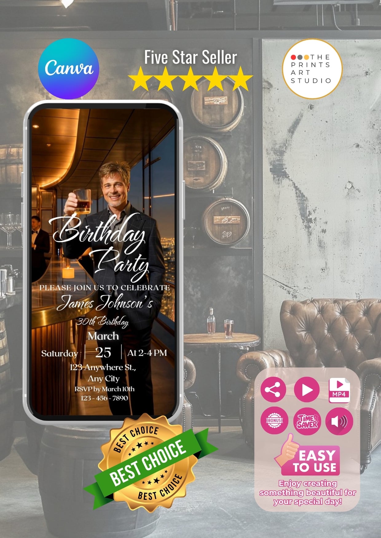 Whiskey Birthday Video Invitation template with elegant party setting and golden lighting for sophisticated event invites.