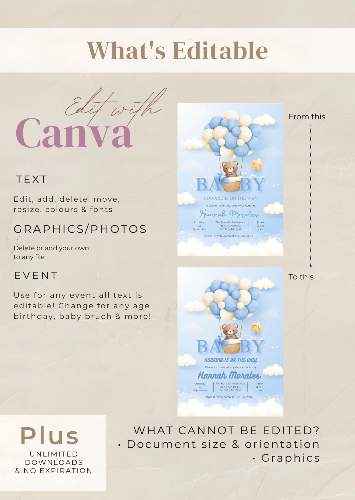 Blue Teddy Bear Baby Shower Invitation | Editable Boy Baby Shower Invite | Gender Neutral Balloon Bear Template | Printable Digital Download