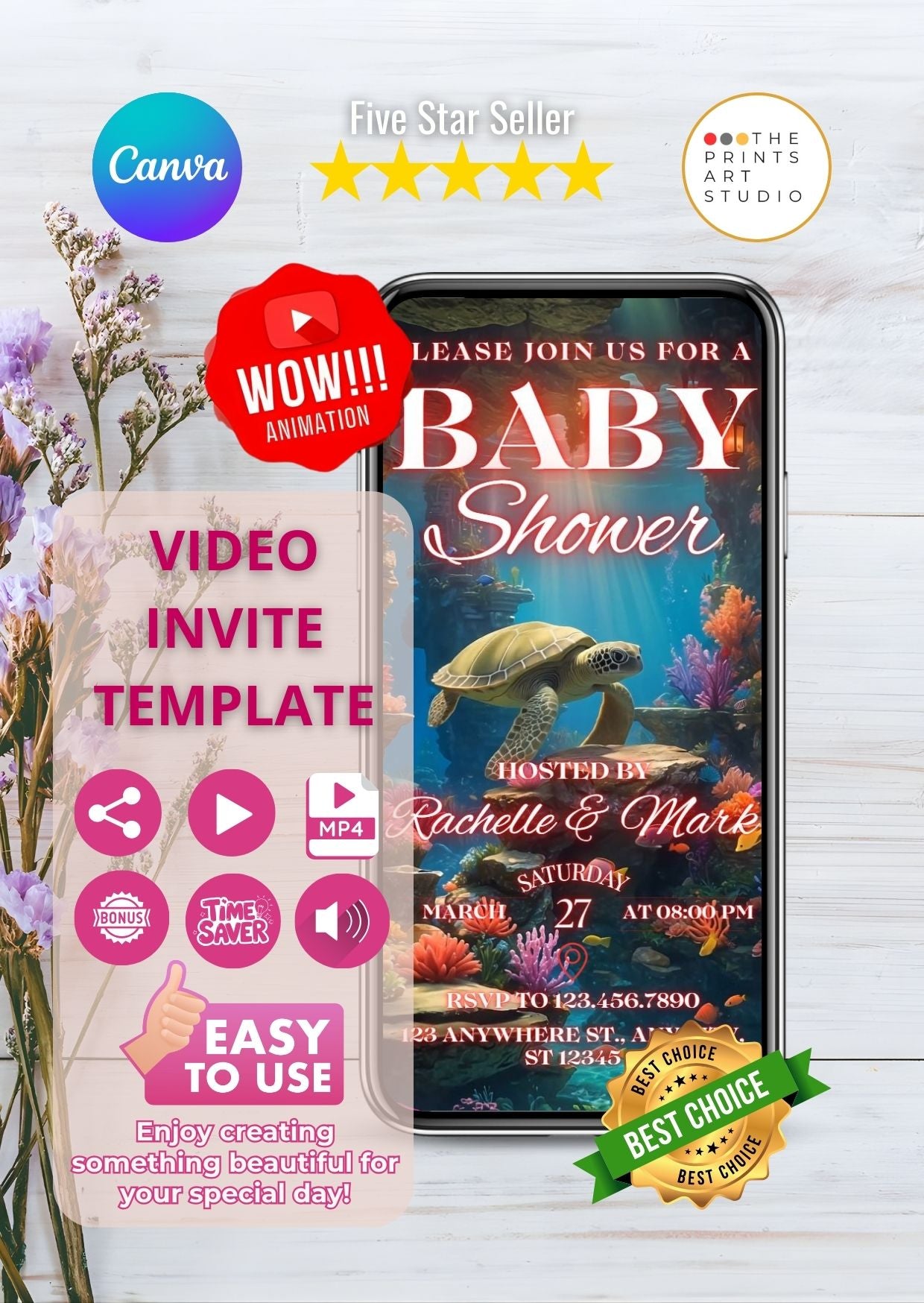 Mermaid Baby Shower Video Invitation on smartphone screen with floral decoration, perfect for a unique and memorable celebration.