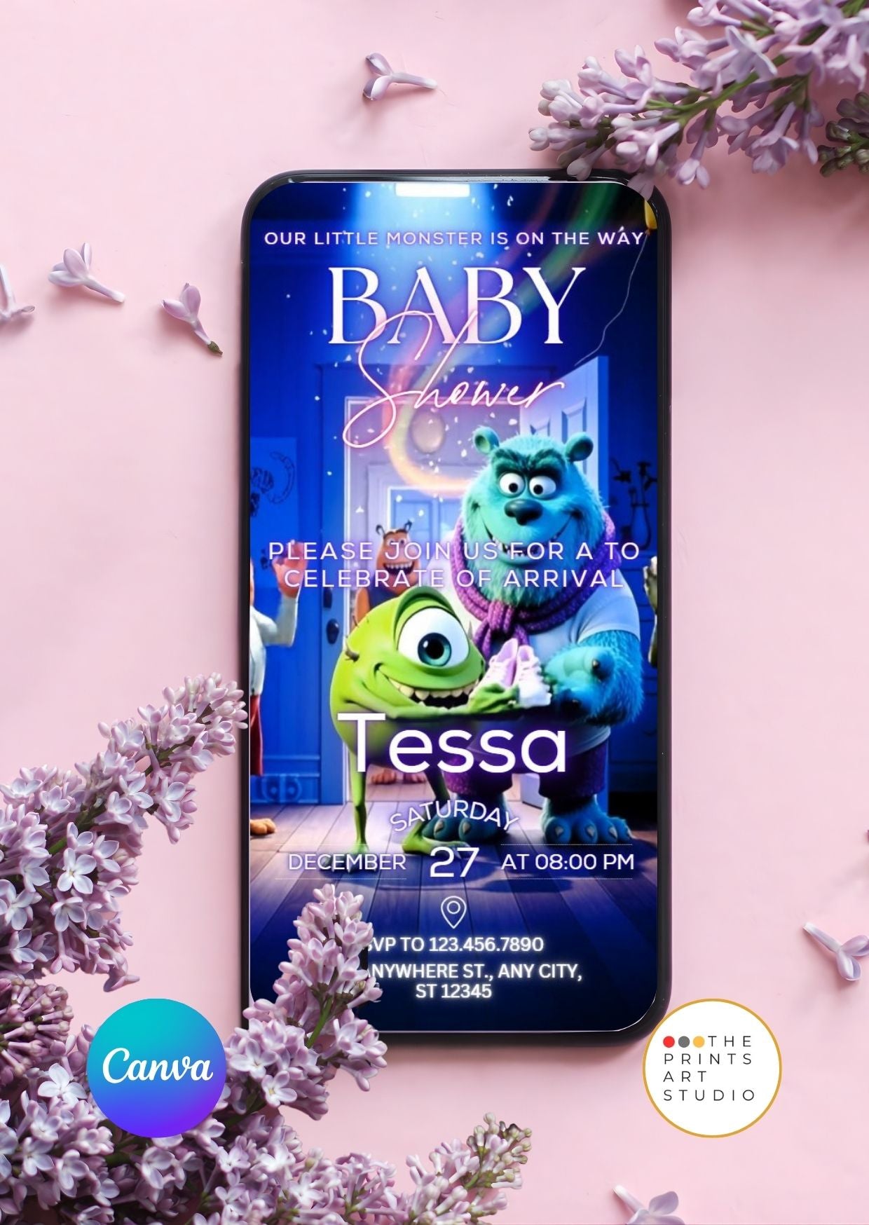 Monster Baby Shower Video Invitation with cute monster design on smartphone display.