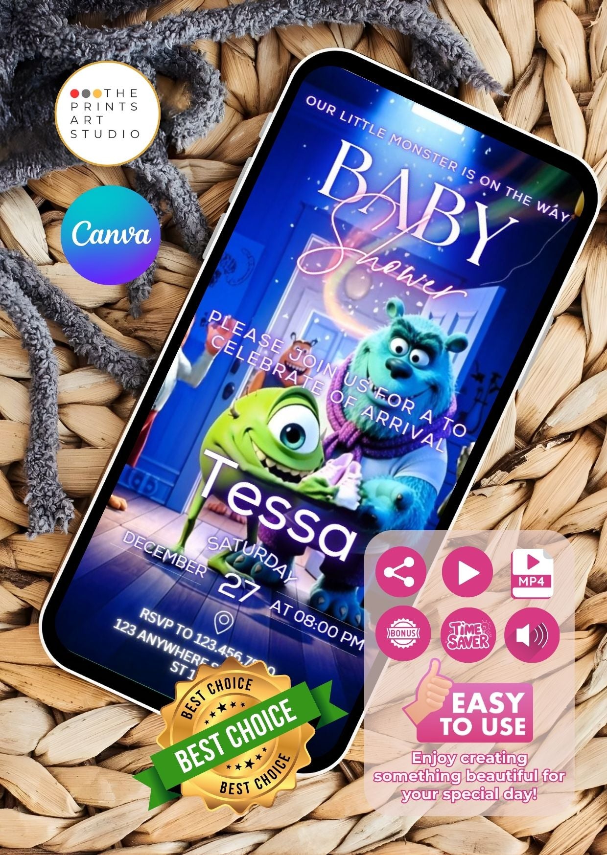 Monster Baby Shower Video Invitation displayed on smartphone screen showcasing playful monster theme and vibrant design.