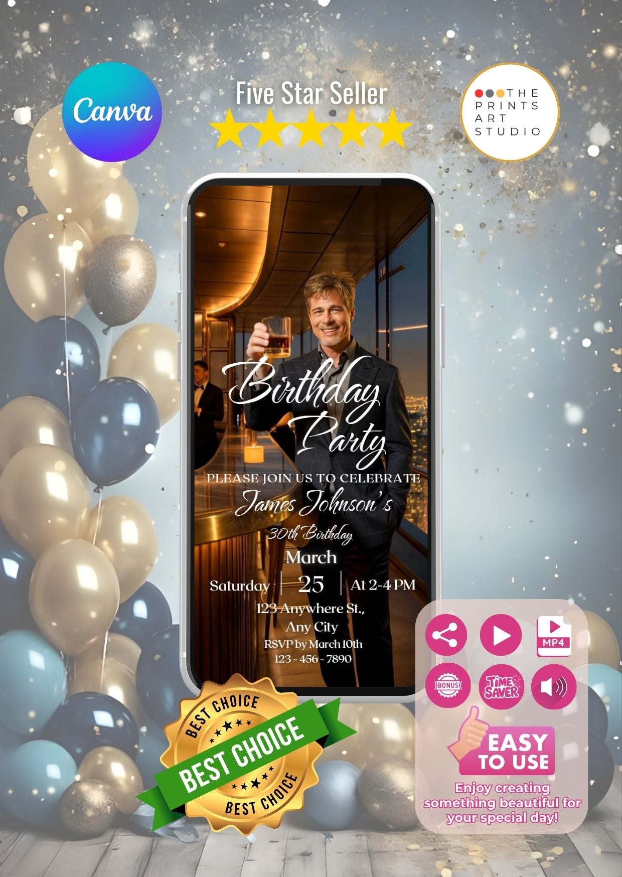 Whiskey Birthday Video Invitation with elegant visuals and balloons for a sophisticated celebration atmosphere.