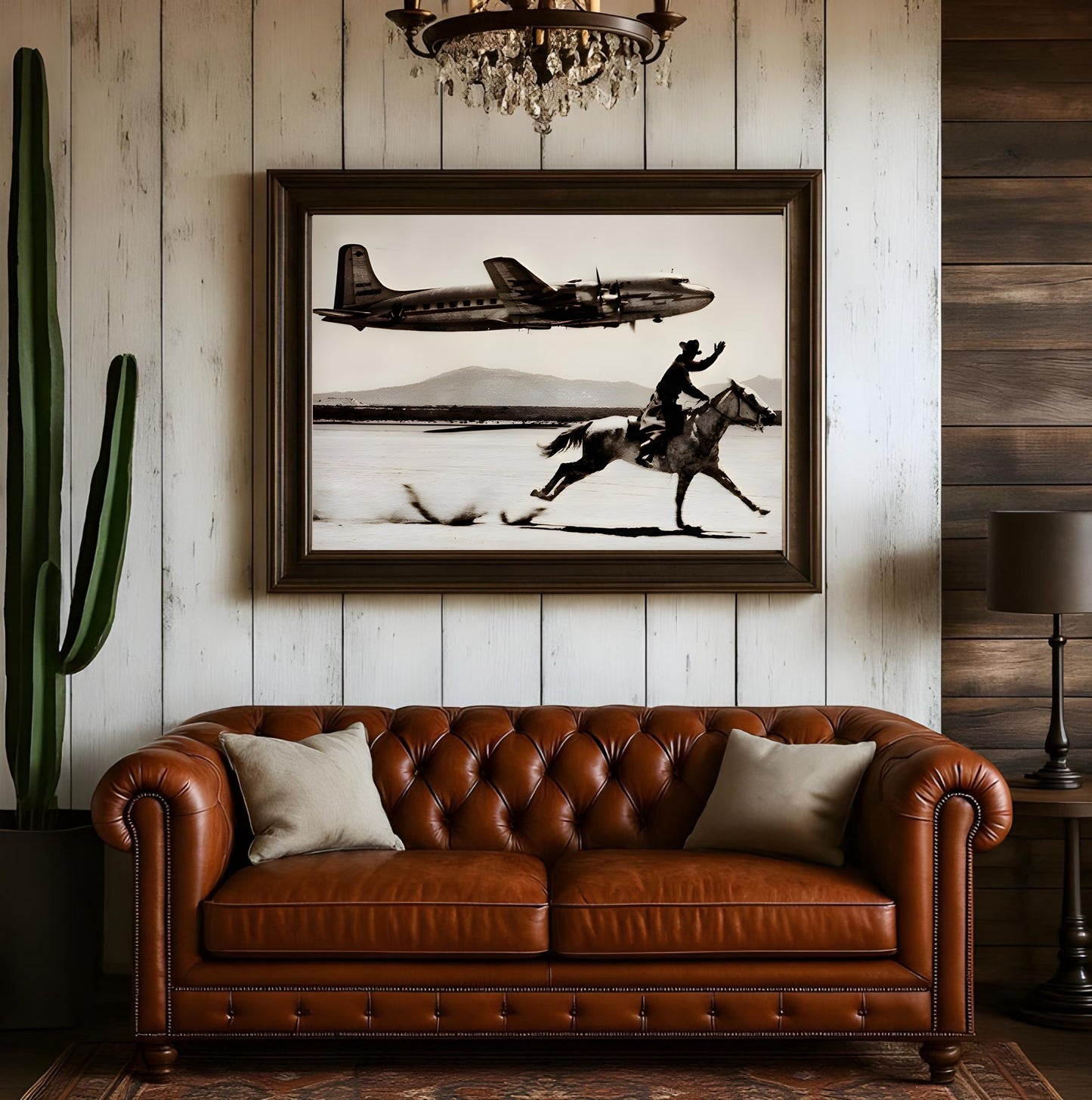 Cowboy Airplane Wall Art – Western vintage print in a rustic living room, featuring a galloping cowboy and airplane.