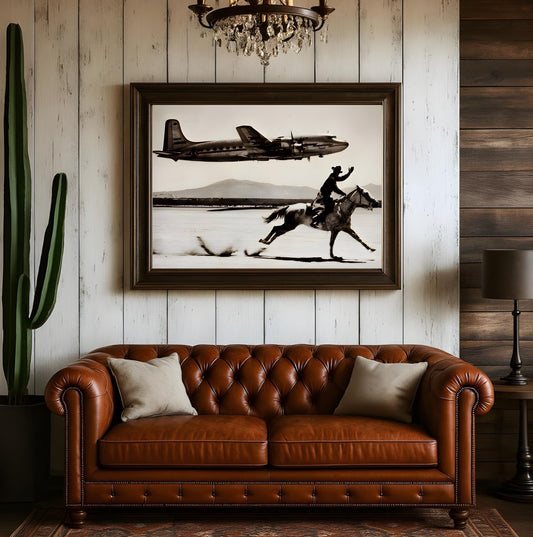 Cowboy & Vintage Airplane Wall Art – Western Rodeo Print, Rustic Americana Decor, Black and White Cowboy Poster for Home or Office.