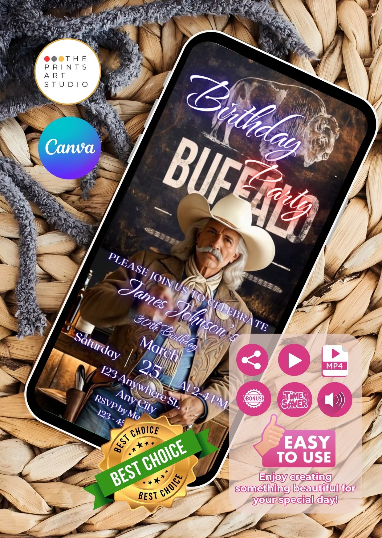 Buffalo Bill Birthday Invitation Video displayed on a smartphone showcasing western-themed animation.