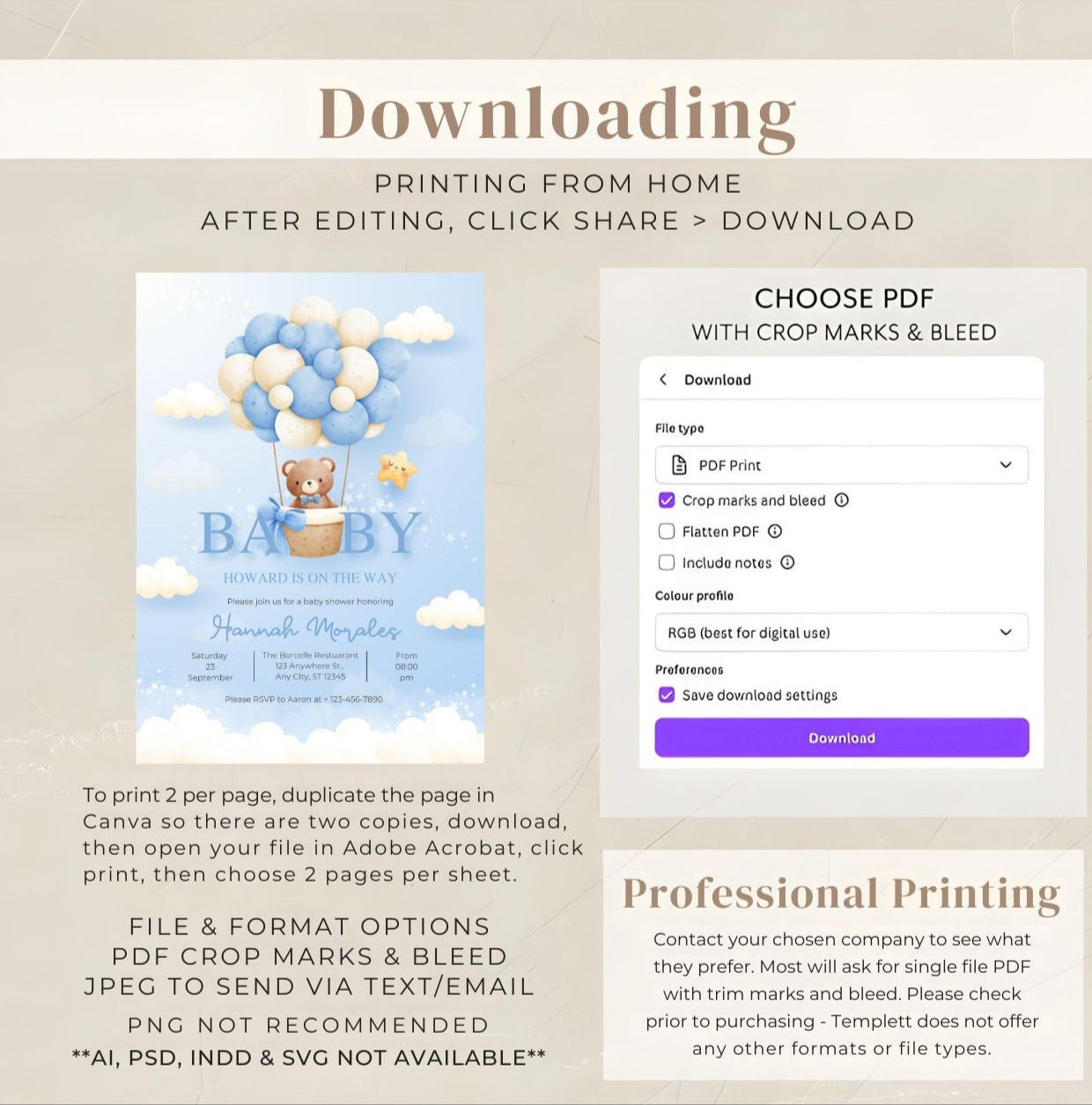 Blue Teddy Bear Baby Shower Invitation | Editable Boy Baby Shower Invite | Gender Neutral Balloon Bear Template | Printable Digital Download