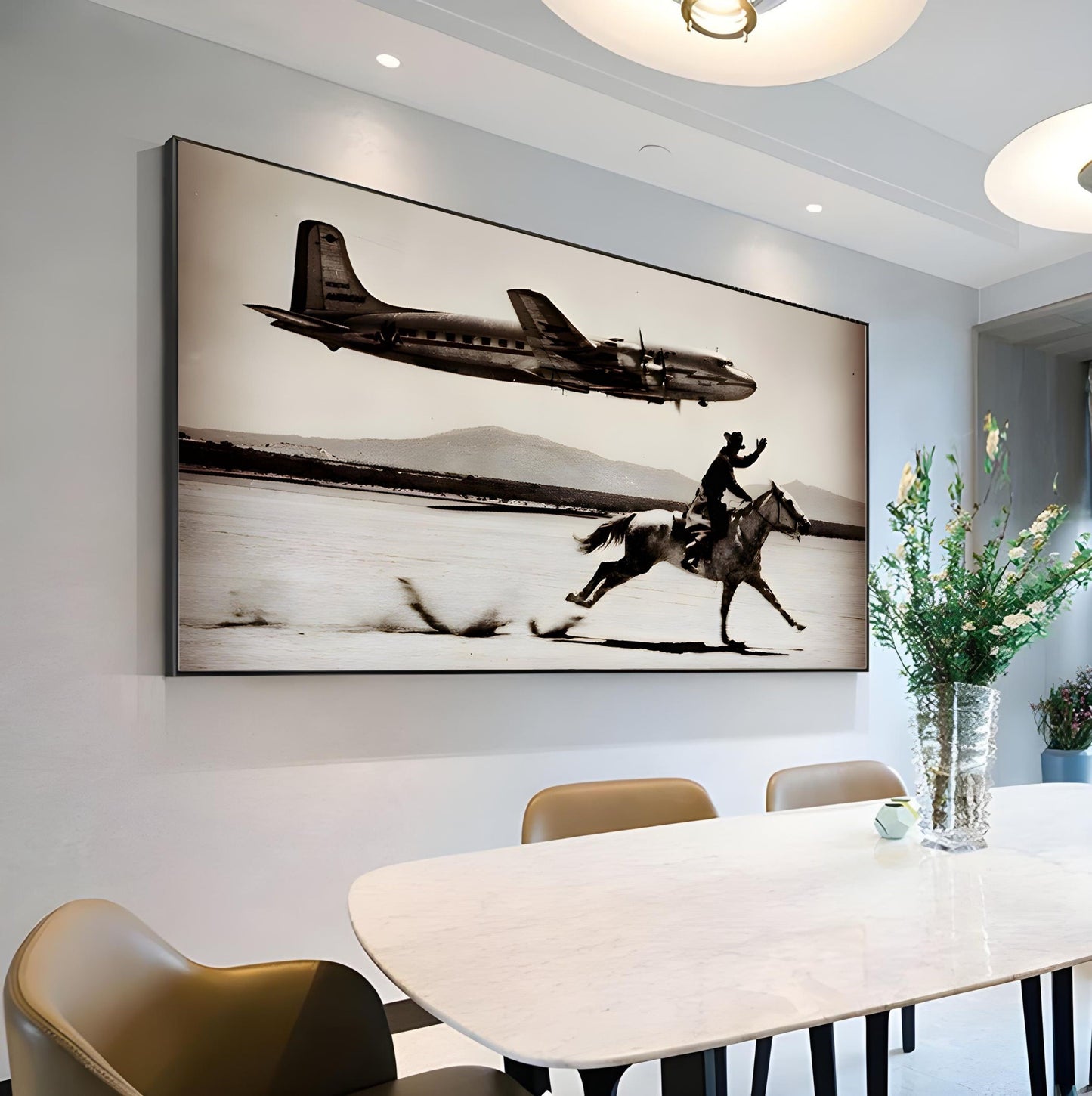 Cowboy Airplane Wall Art featuring cowboy racing a horse under vintage airplane, adding rustic charm to modern dining room decor.