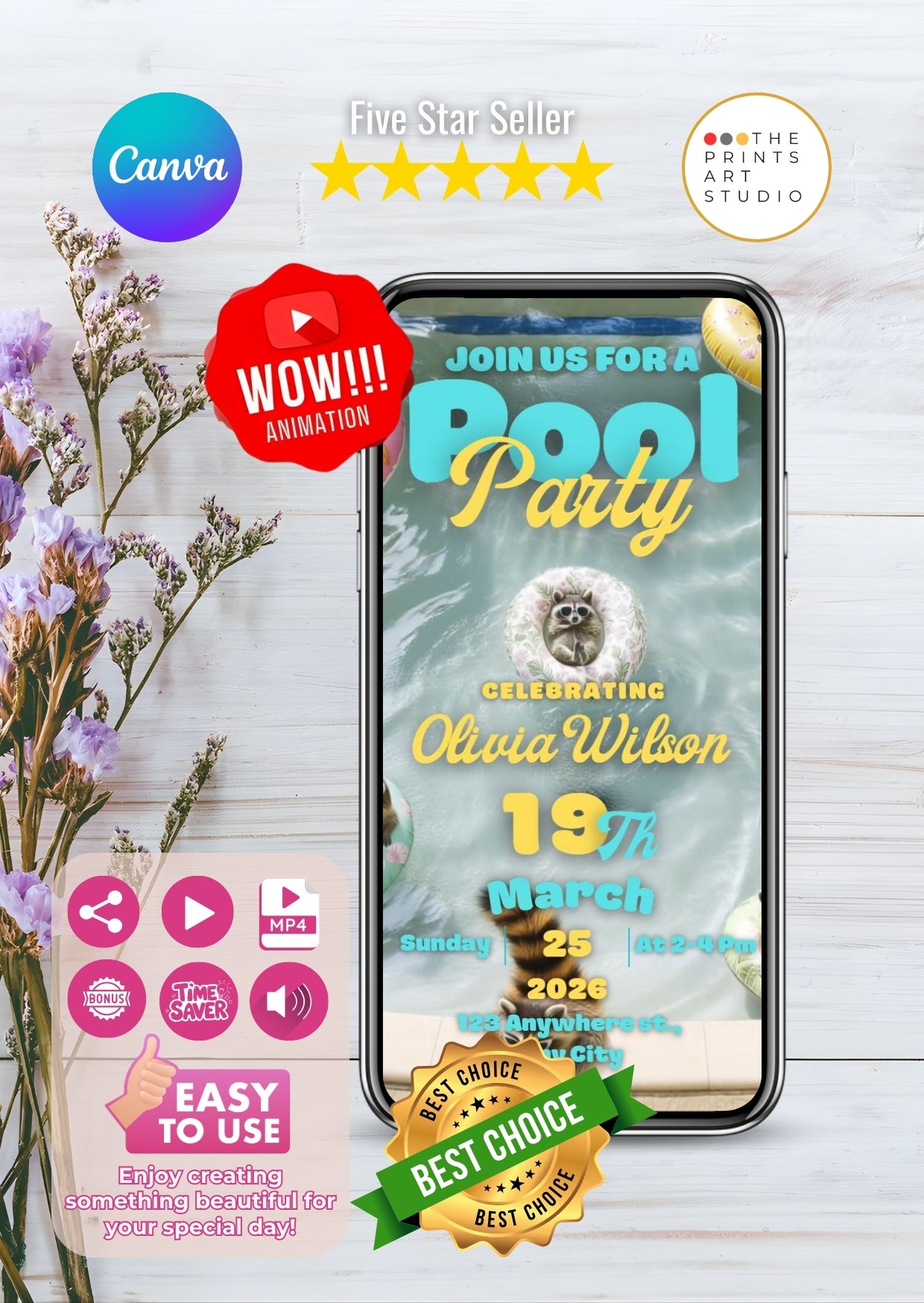 Pool Party Video Invitation editable template on Canva with vibrant design and summer theme