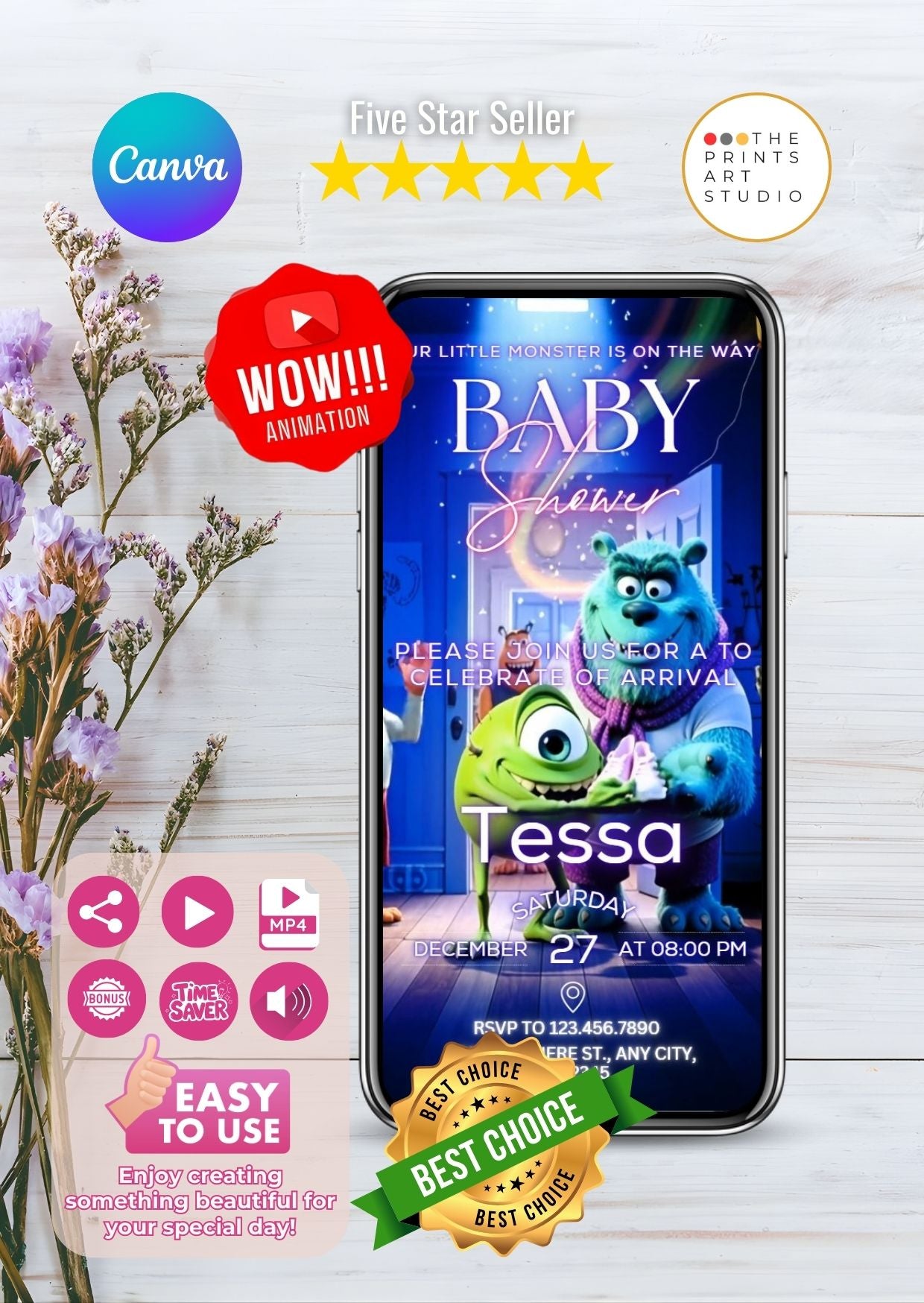 Monster Baby Shower Video Invitation with cute monster design and vibrant colors displayed on a smartphone screen.