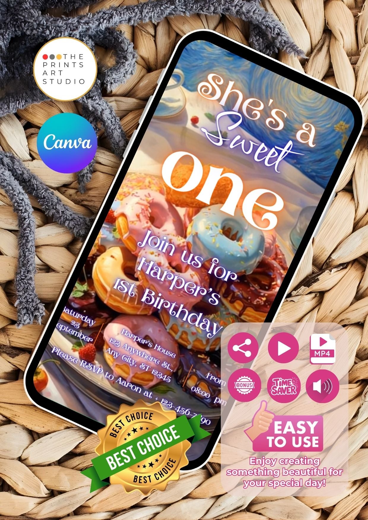 Colorful smartphone display with donut birthday video invitation for a child's first birthday by Prints Art Studio.