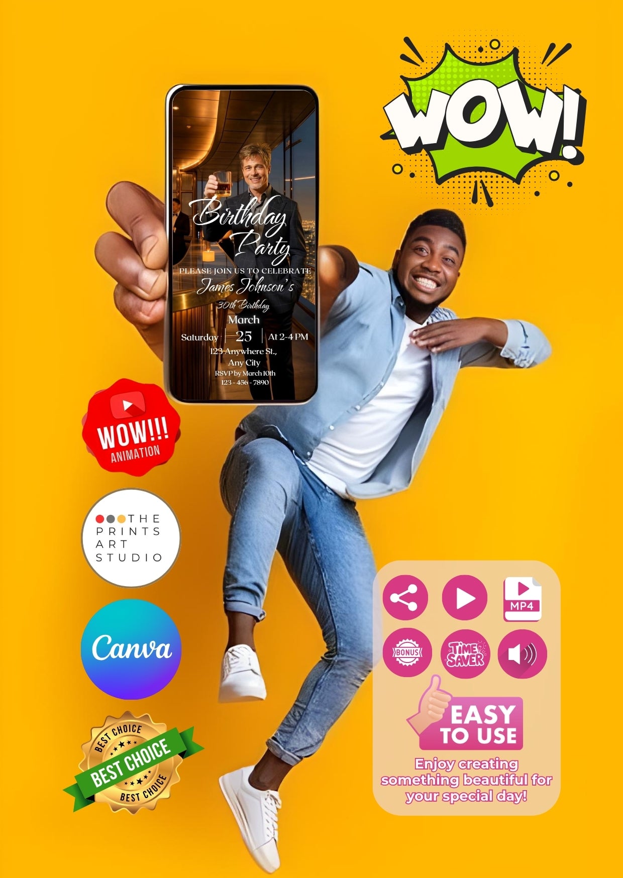 Smiling person showcasing a Whiskey Birthday Video Invitation on a smartphone, surrounded by creative design elements and badges.