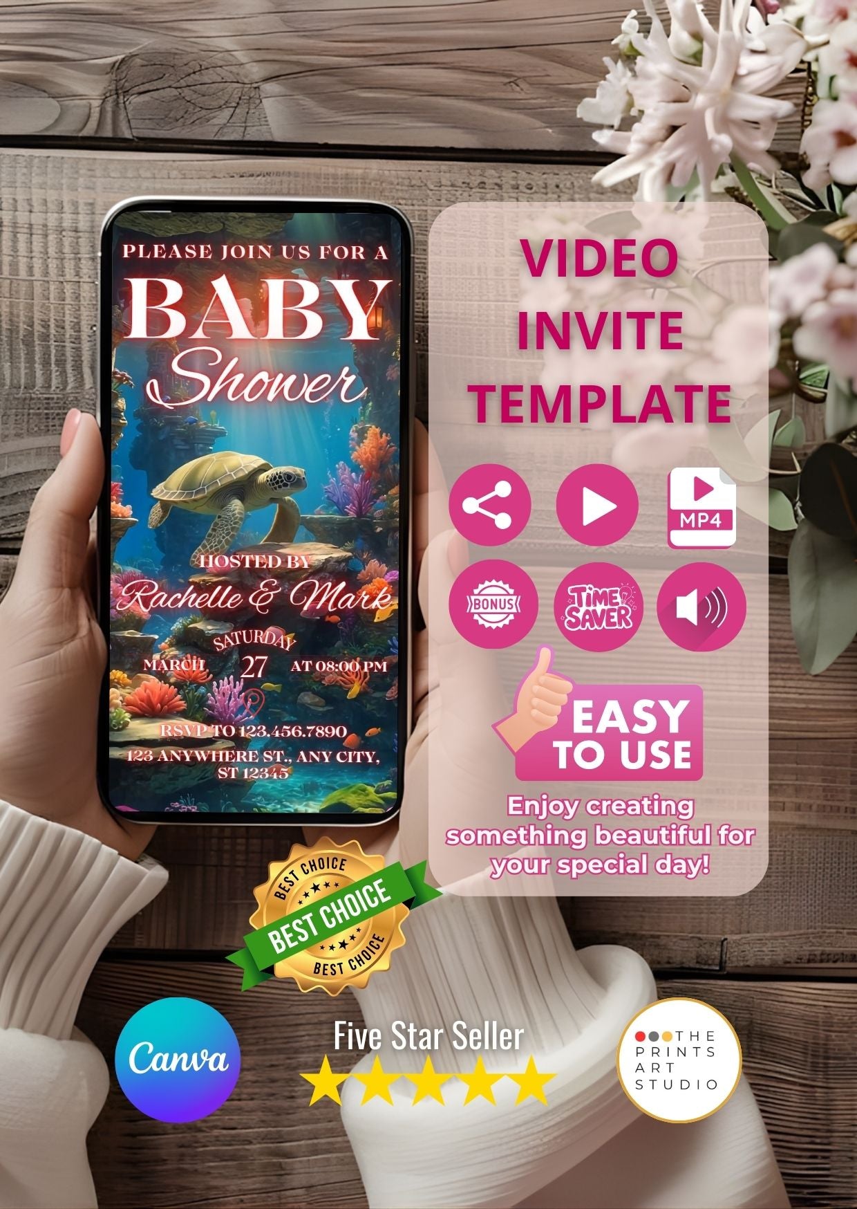 Mermaid Baby Shower Video Invitation – Canva MP4 showcased on smartphone screen