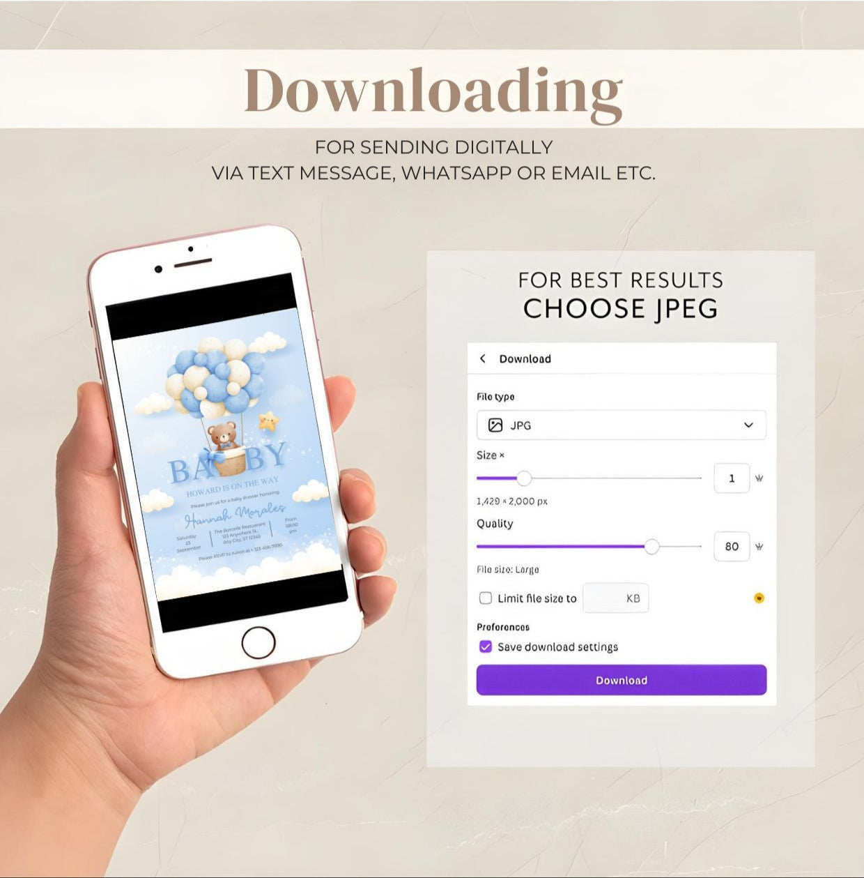 Blue Teddy Bear Baby Shower Invitation | Editable Boy Baby Shower Invite | Gender Neutral Balloon Bear Template | Printable Digital Download shown on smartphone and download options.