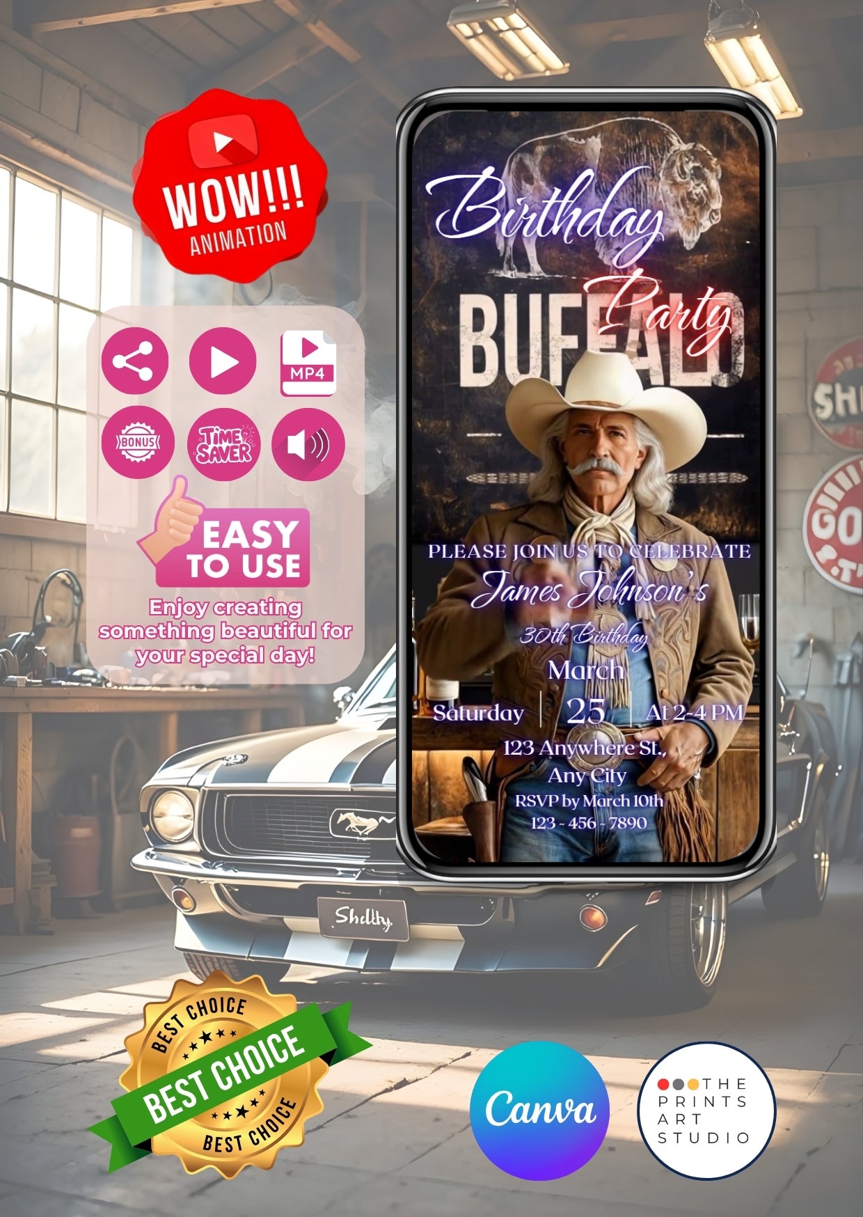 Buffalo Bill Birthday Invitation Video displayed on a smartphone with western theme and animation highlights.