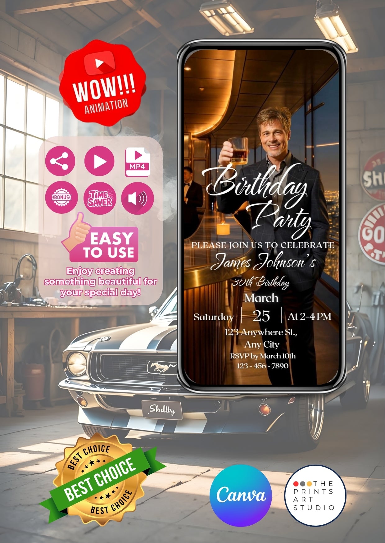 Whiskey Birthday Video Invitation displayed on a smartphone showcasing elegant design and modern animation in a vintage car garage setting.