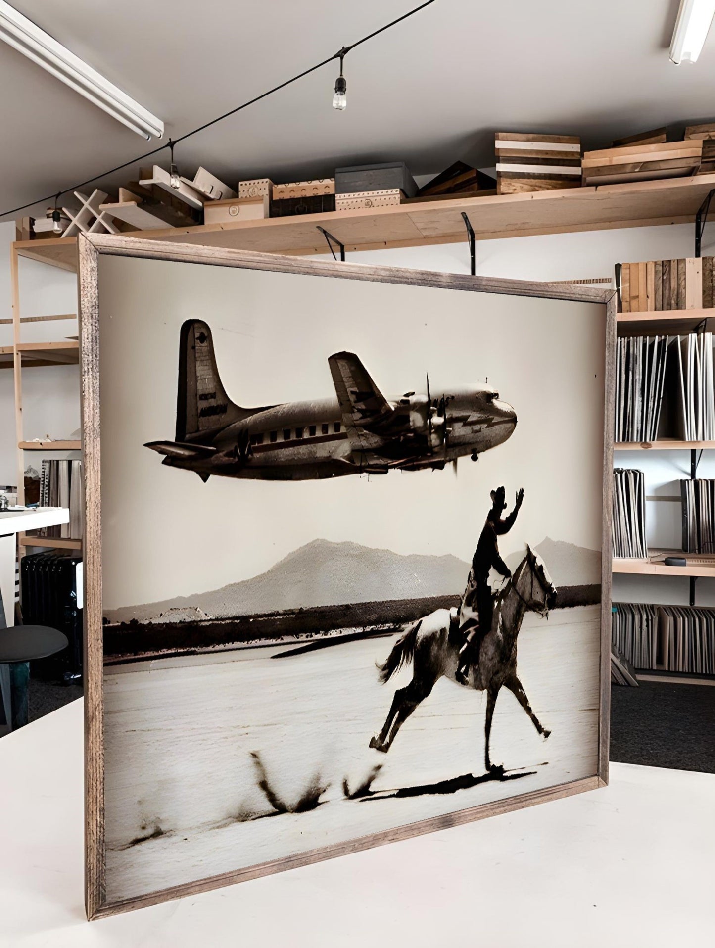 Cowboy Airplane Wall Art featuring a cowboy on horseback and vintage airplane, bringing Western adventure to your home decor.