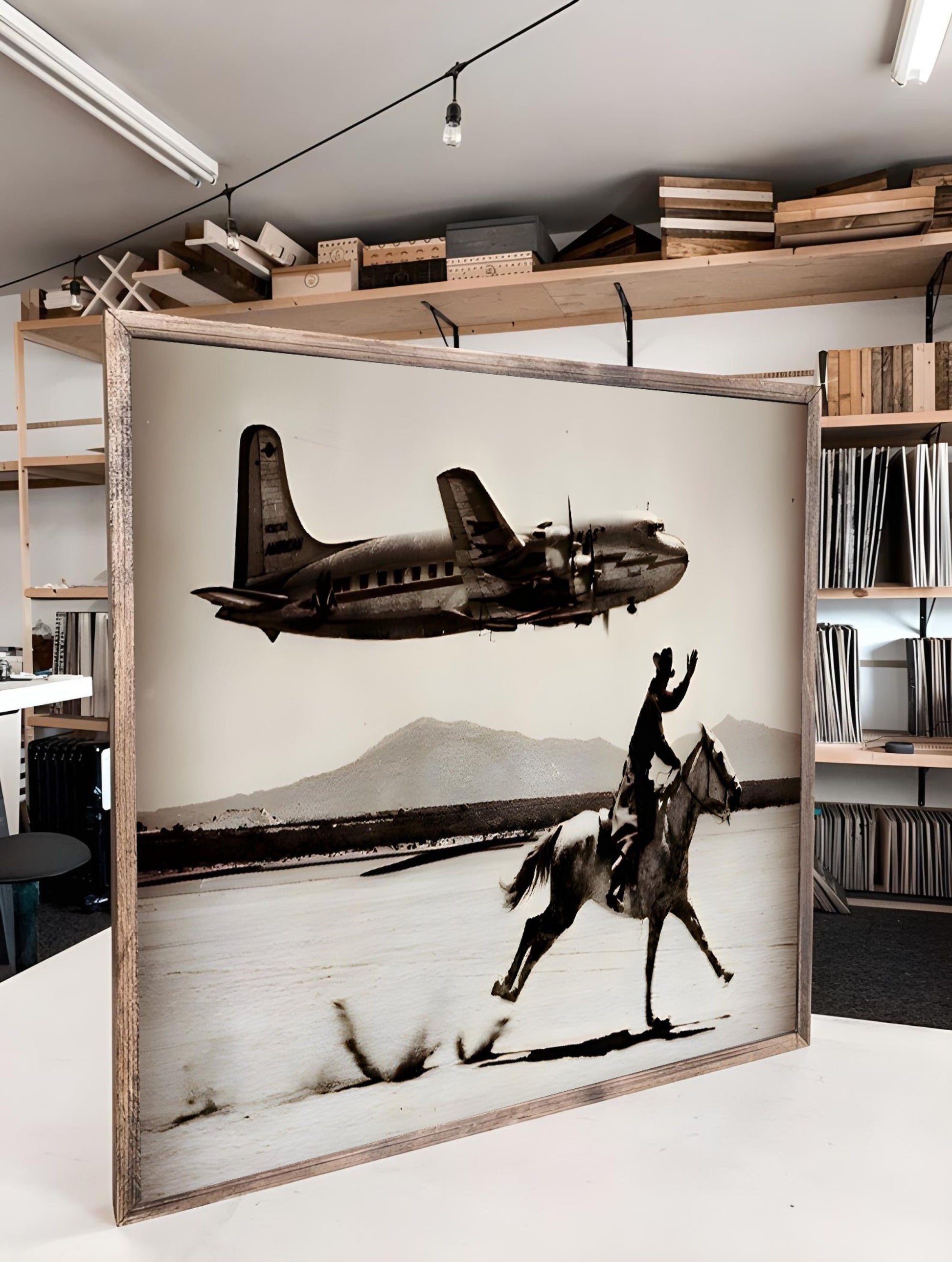 Cowboy Airplane Wall Art featuring a cowboy on horseback and vintage airplane, bringing Western adventure to your home decor.