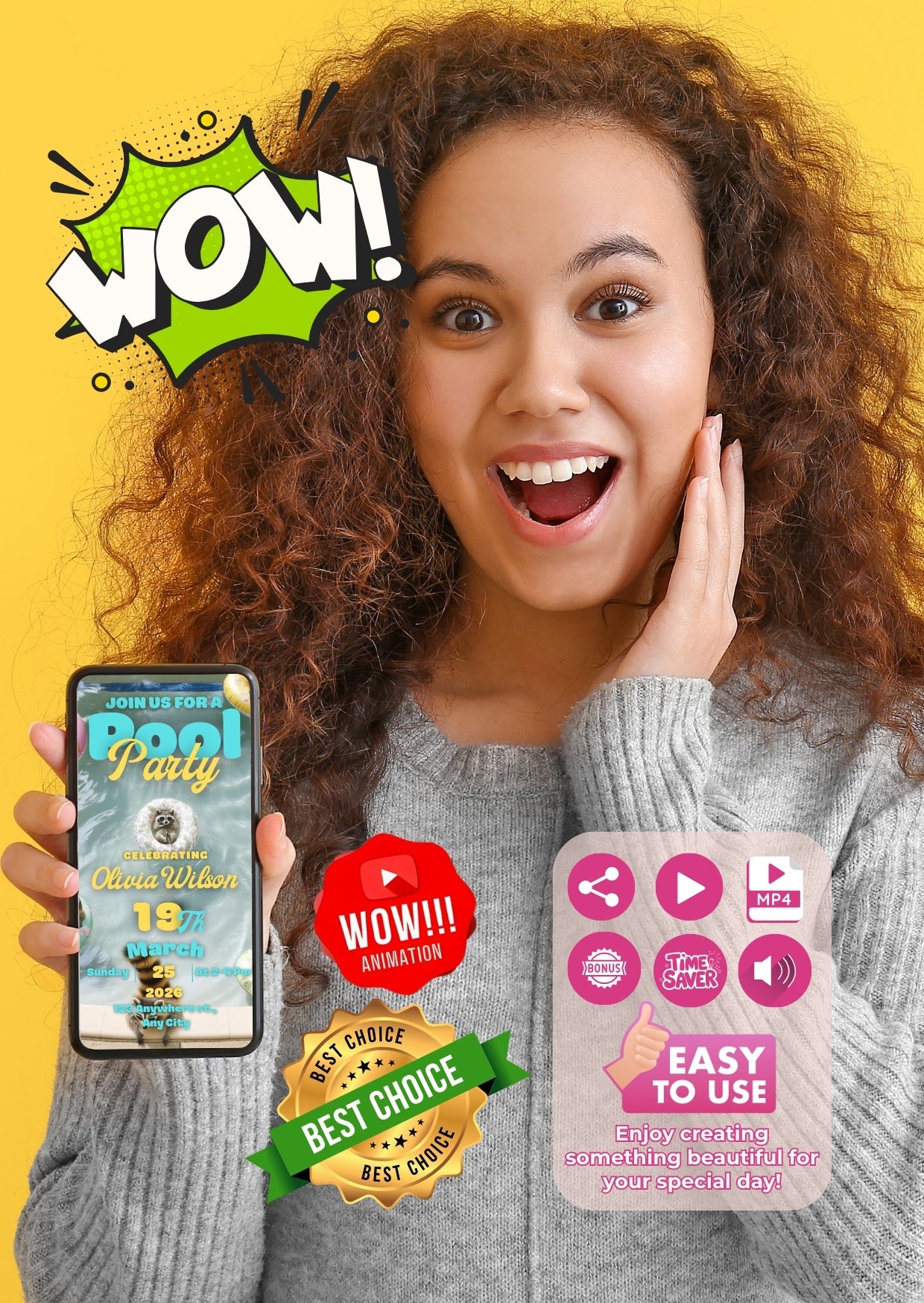 Woman holding smartphone displaying Pool Party Video Invitation with colorful summer design and editable options on Canva.