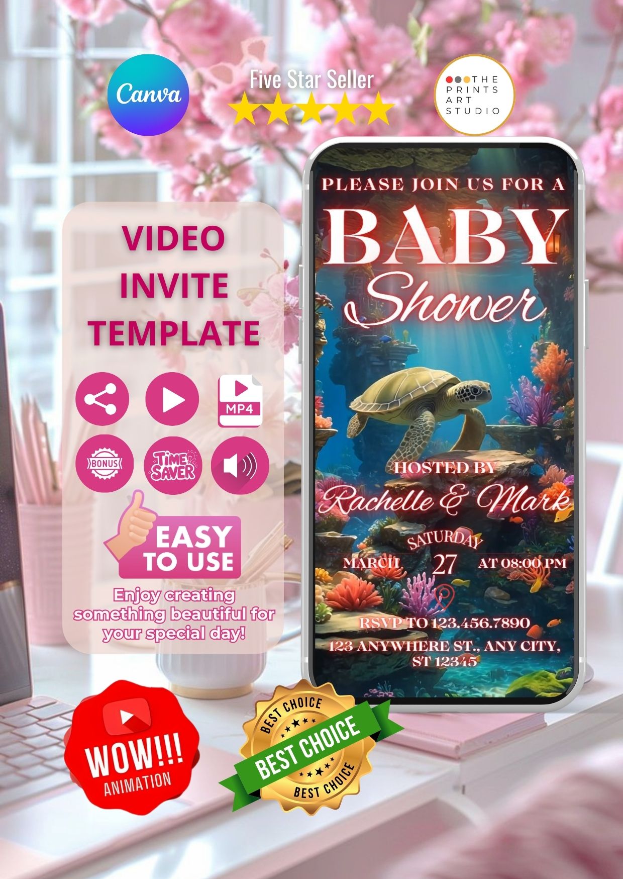 Mermaid Baby Shower Video Invitation template displayed on a smartphone with floral design and sea turtle imagery, Canva MP4