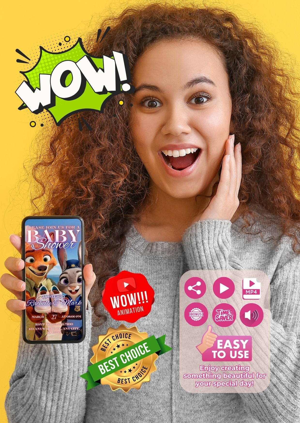 Woman excitedly displaying Zootopia baby shower video invitation on smartphone with animated characters and easy-to-use features.