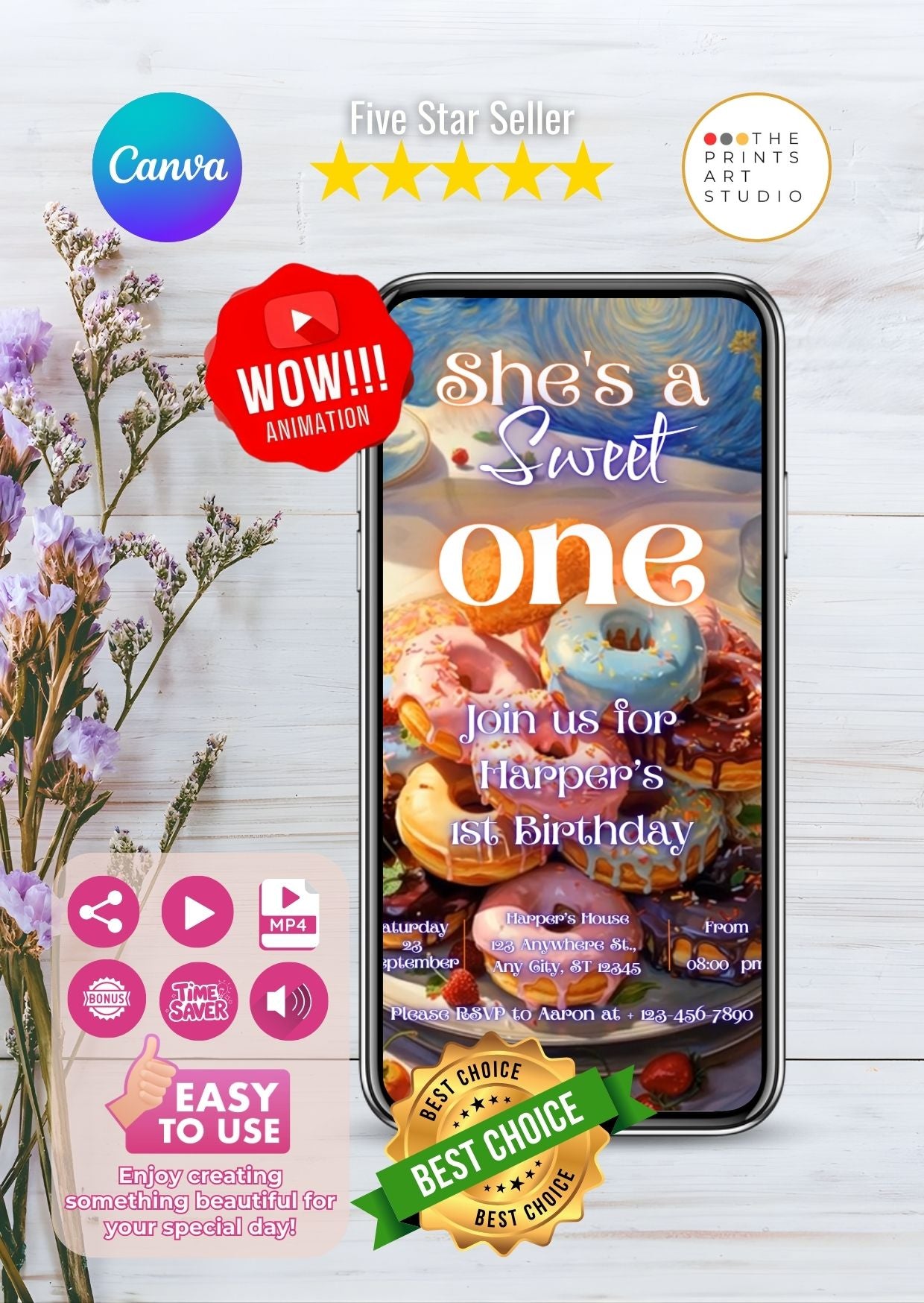 donut birthday video invitation with sweet theme and classic art style for a child's celebration, displayed on a smartphone screen