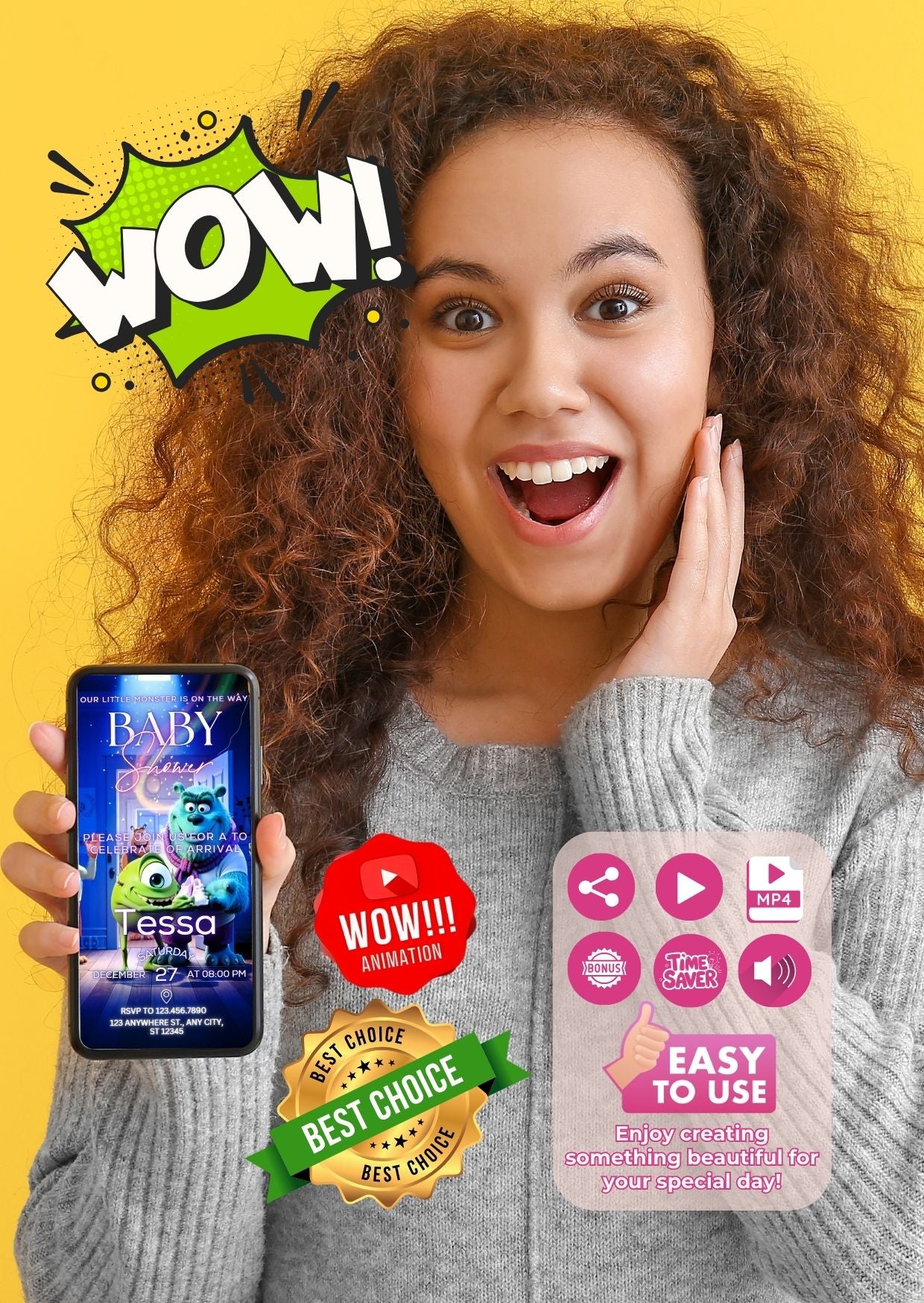 Smiling woman holding phone displaying Monster Baby Shower Video Invitation with colorful designs and friendly monster animation.