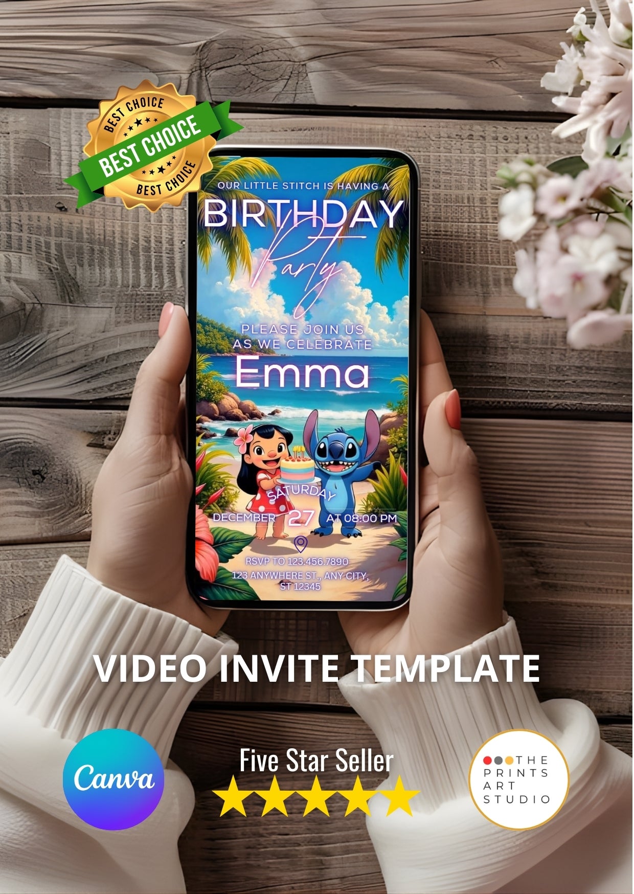 Lilo and Stitch birthday video invitation displayed on a smartphone screen held by hands, perfect for an unforgettable child's celebration.