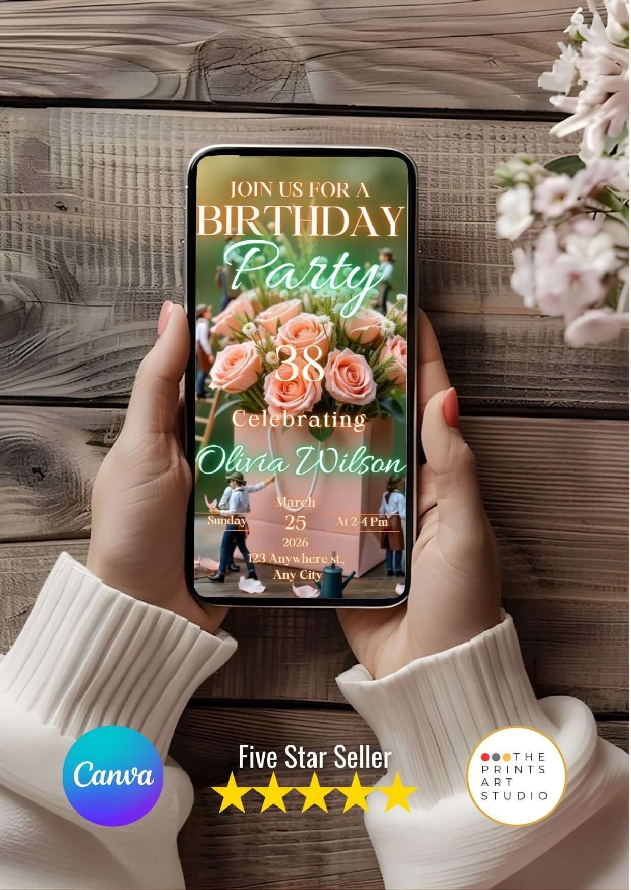 Birthday Video Invitation displayed on a smartphone screen, held in hands, with floral and neon text design, featuring Canva logo.