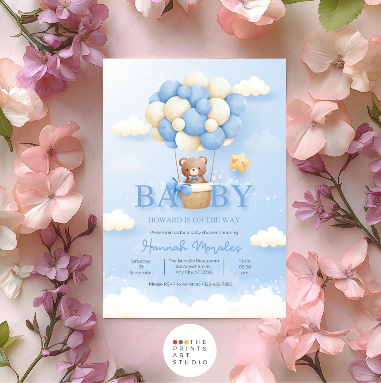 Blue Teddy Bear Baby Shower Invitation | Editable Boy Baby Shower Invite | Gender Neutral Balloon Bear Template | Printable Digital Download