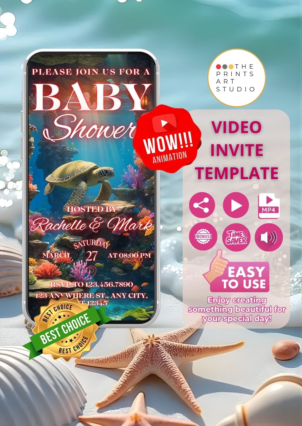 Mermaid Baby Shower Video Invitation showcasing animated ocean theme for unique event invites, easy-to-use MP4 template.