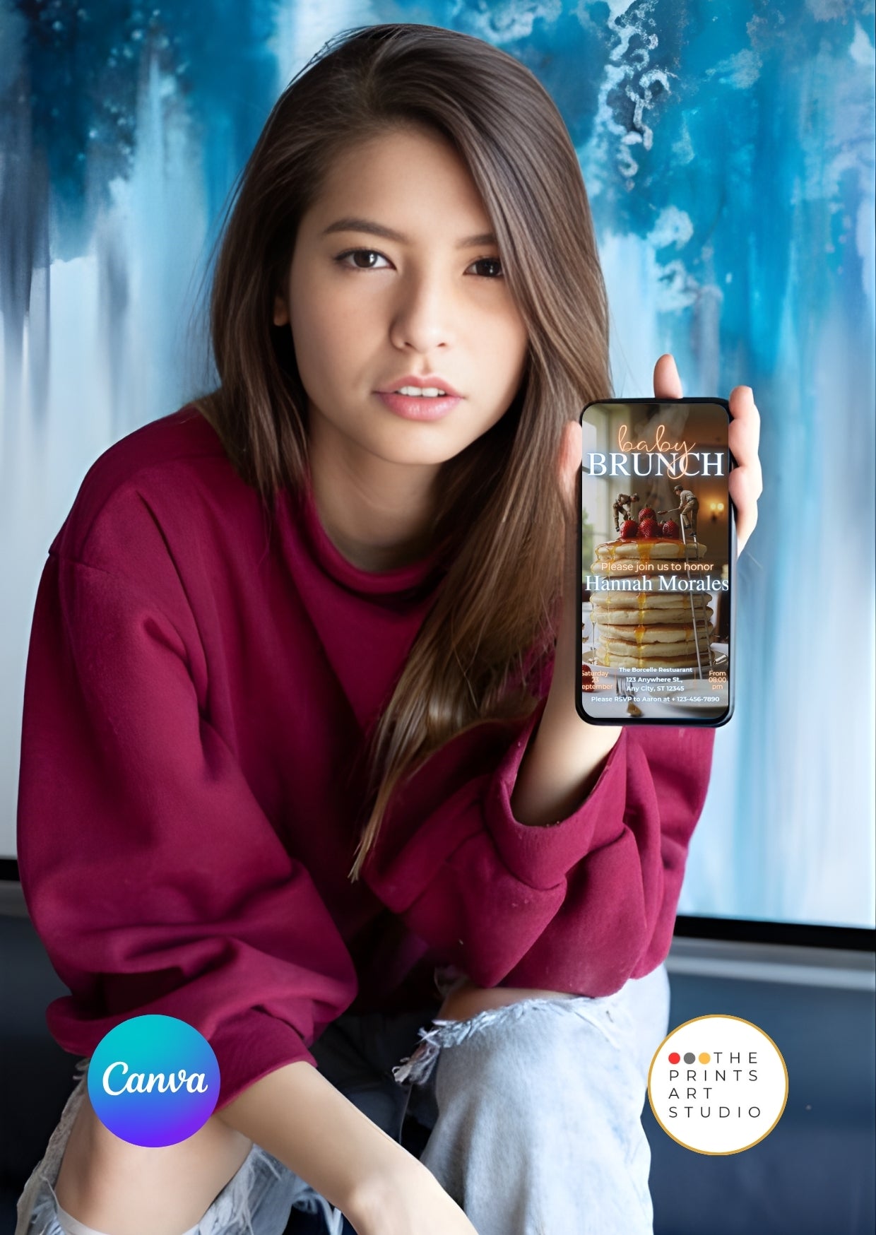 Woman holding phone with Baby Shower Video Invitation Dreamy Canva Editable on screen, wearing red sweater next to blue background.